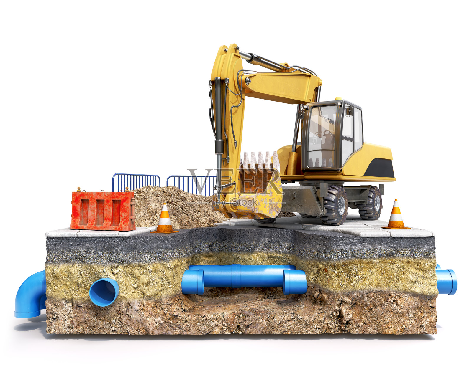 道路工程的概念，白色背景上被挖出的坑隔离的一块地面的正面视图，黄色挖掘机，土丘和道路锥和栅栏，地下蓝色pvc管道穿过地面的切片，3d插图照片摄影图片