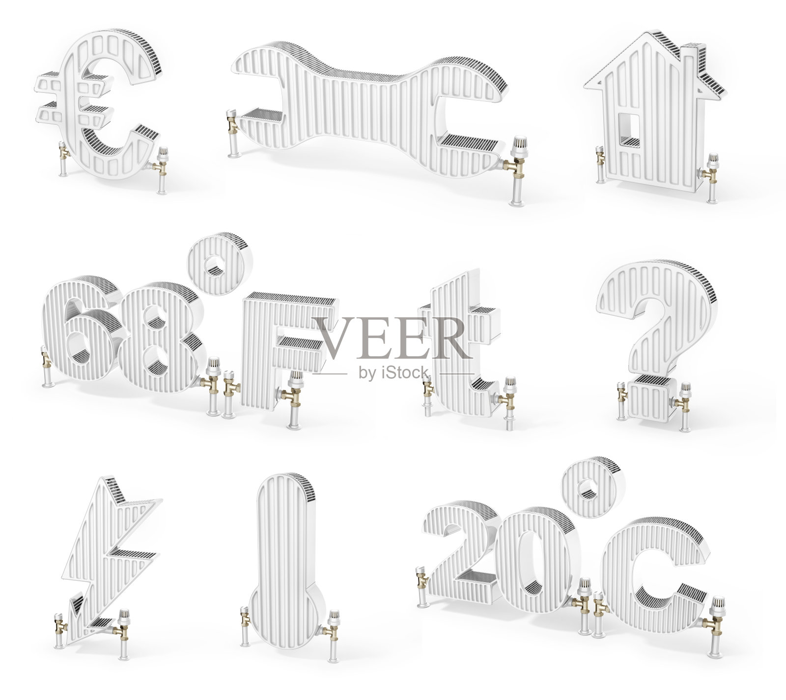 加热的概念。白色背景上不同形状的加热电池。三维演示照片摄影图片