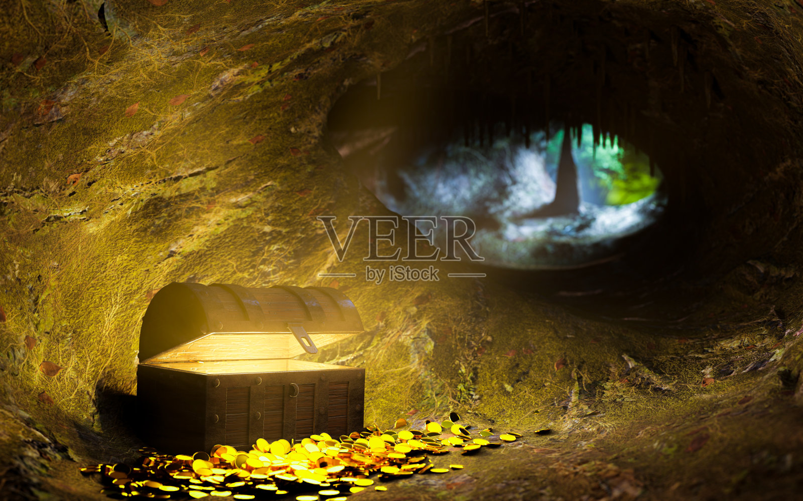 用木头和钢铁制成的宝箱，复古风格，用于携带藏在山洞里的金币。木箱里有一束神射线，能传递隐藏的东西。三维渲染照片摄影图片