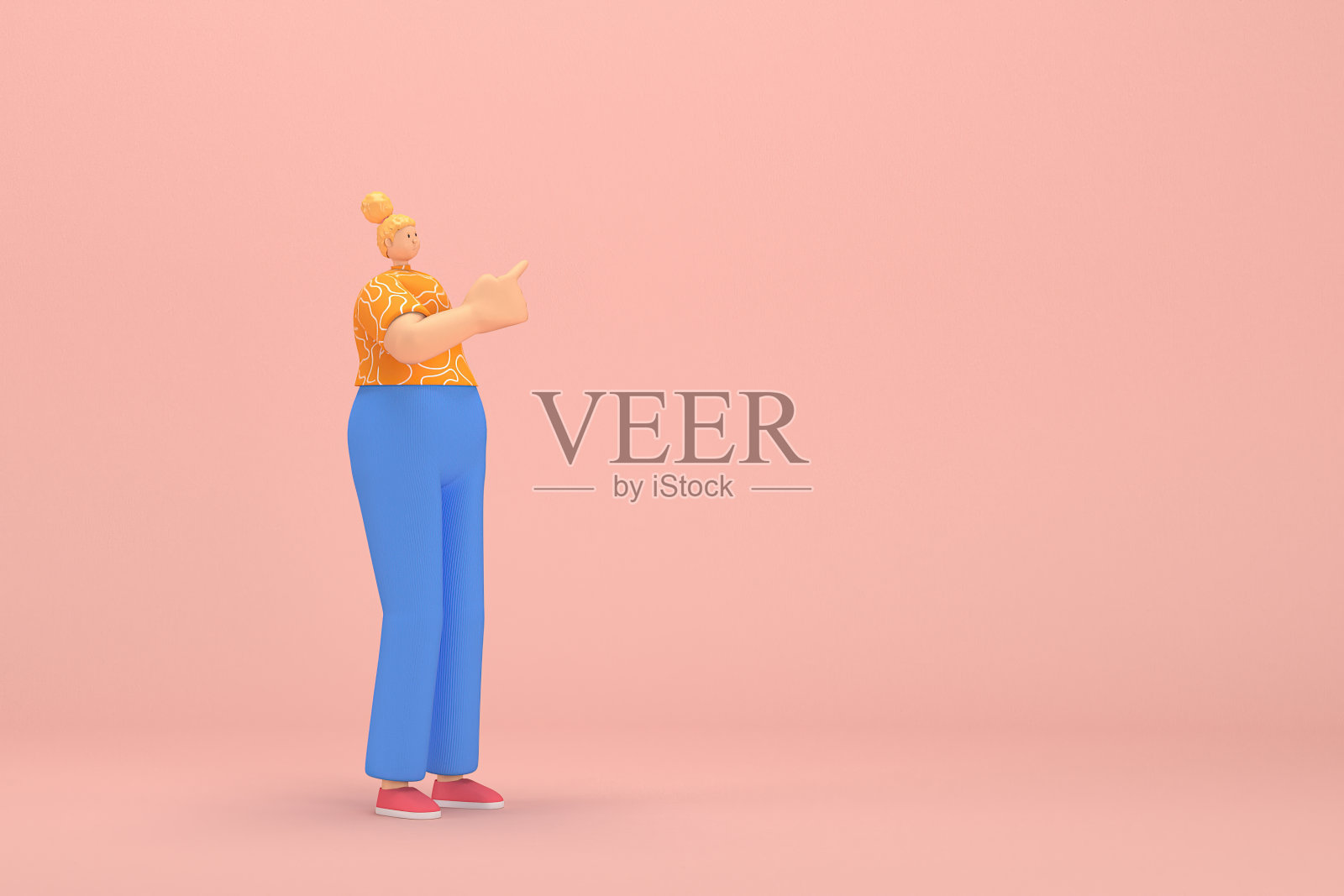 金色头发扎成一个发髻的女人穿着蓝色灯芯绒裤子和橙色白条纹t恤。她说话时总是用手做手势。3d插图的卡通人物在表演。照片摄影图片