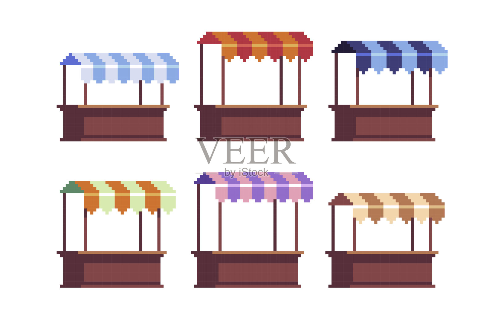 交易摊位像素艺术套装。户外本地市场收藏。街边商店，农贸市场。插画图片素材