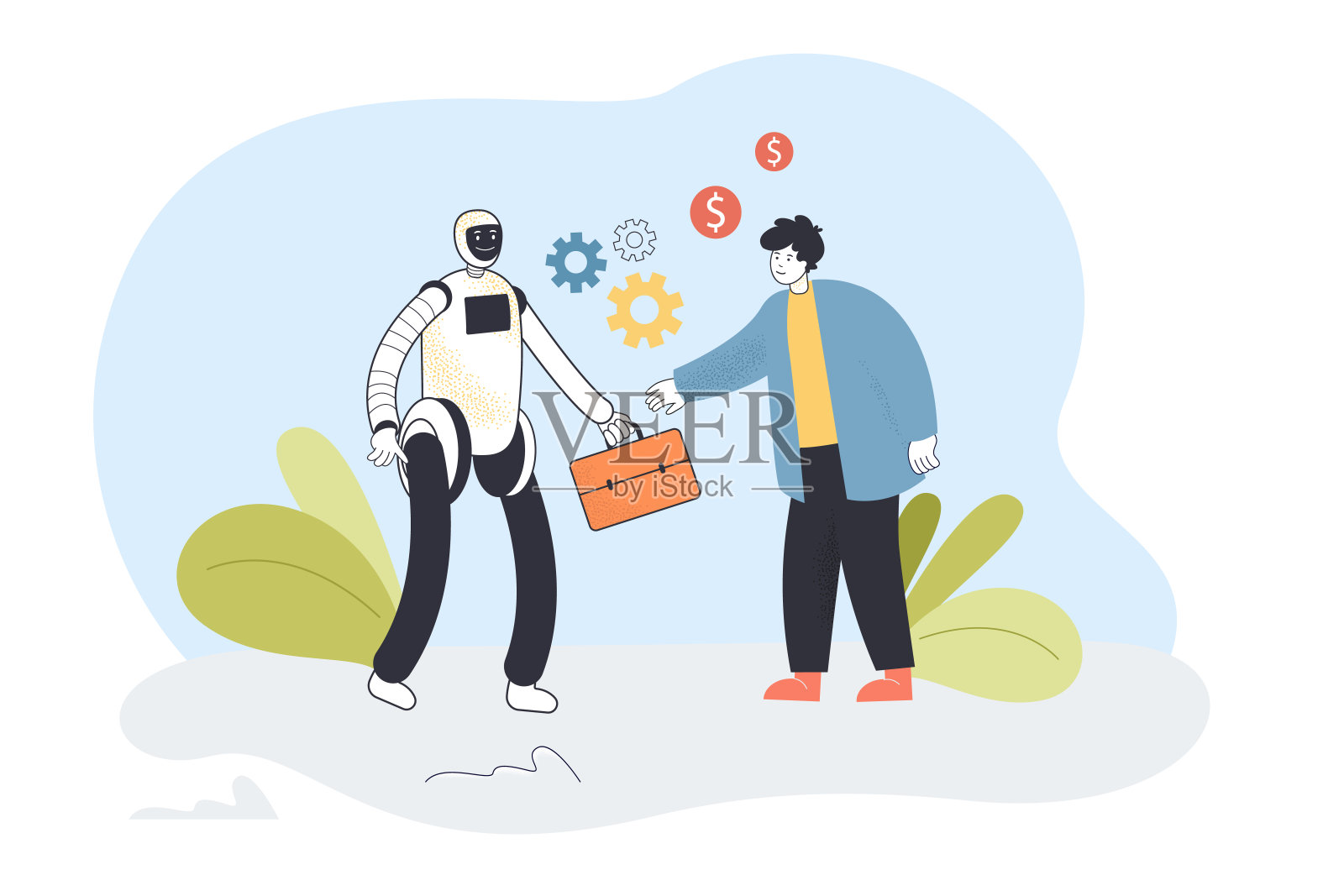 生化人给人手提箱平面矢量插图插画图片素材