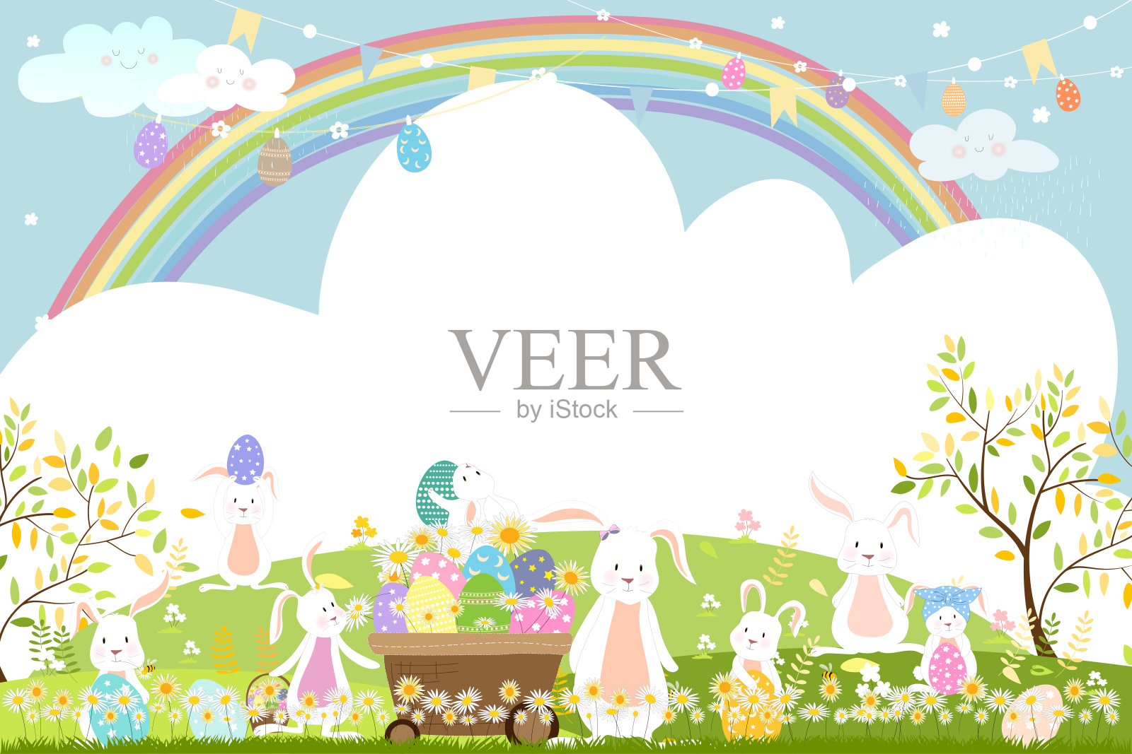 春天的田野上有彩虹，兔子在寻找复活节彩蛋，可爱的卡通兔子在绿色的草地上玩耍。春天或夏天的旗帜与复制空间复活节贺卡的背景插画图片素材