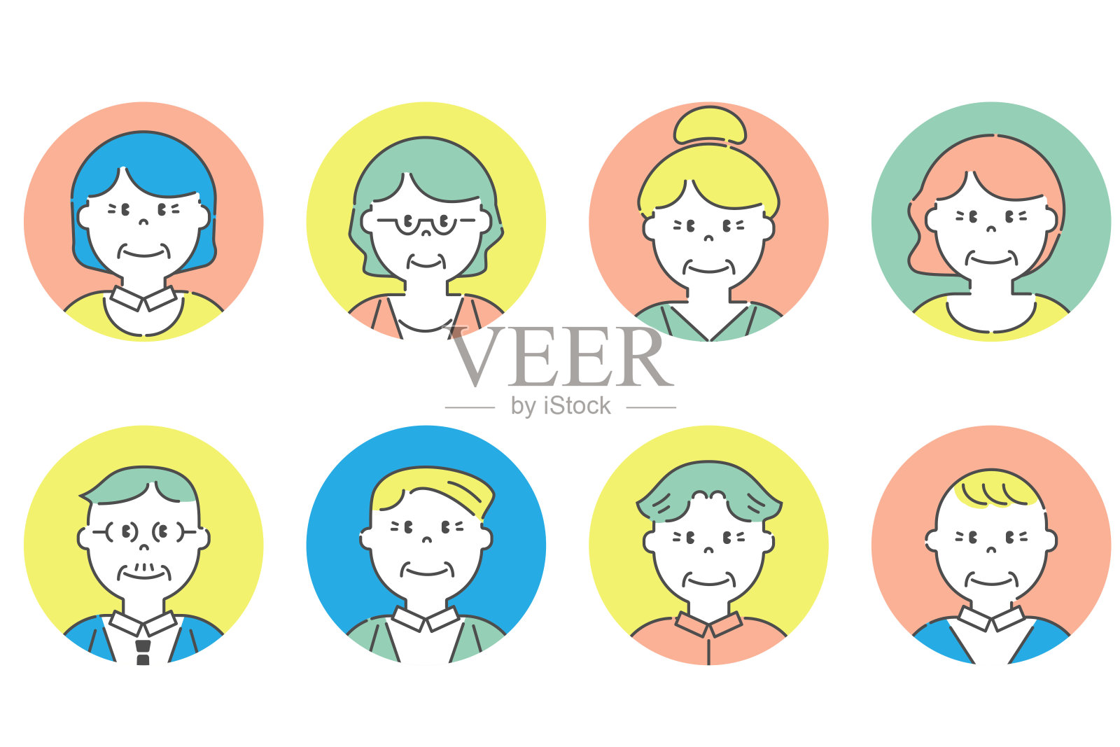 各种老年人面部图标套装。五彩缤纷的颜色。插画图片素材