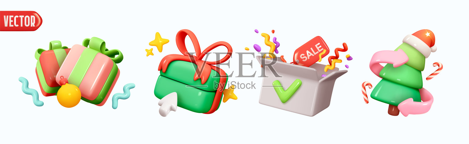 圣诞装饰品。圣诞装饰逼真的3d设计在卡通塑料风格，绿色圣诞树，两个礼品盒，打开纸箱与标签标签销售。寒假元素。矢量图插画图片素材