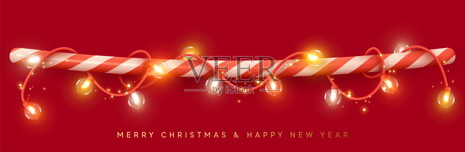 圣诞装饰灯花环被缠绕在红色的糖果棒上。为网络海报横幅的串线边界节日装饰。明亮发光的玻璃灯的逼真的3d设计。矢量图设计模板素材