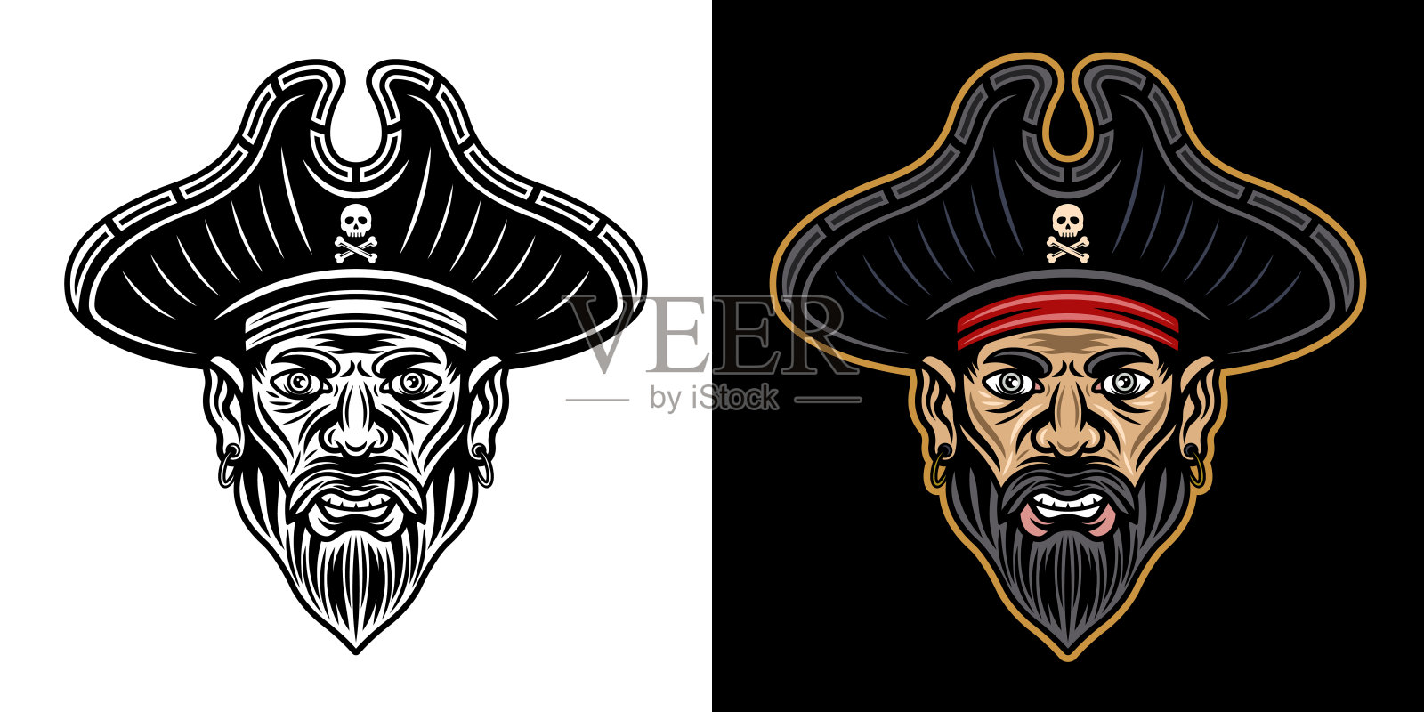海盗头与胡子矢量插图在两种风格黑色的白色和彩色的黑色背景插画图片素材