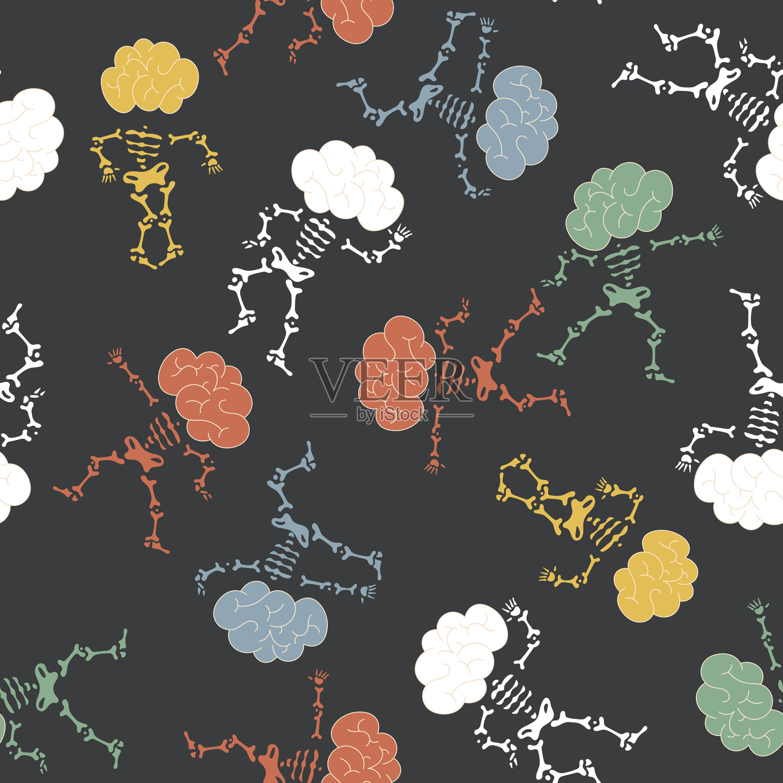 无缝模式。骷髅在派对上跳舞。各种姿势的人体骨骼。隔离在黑色背景。对于纹身，打印在t恤和更多。万圣节快乐矢量插图。插画图片素材