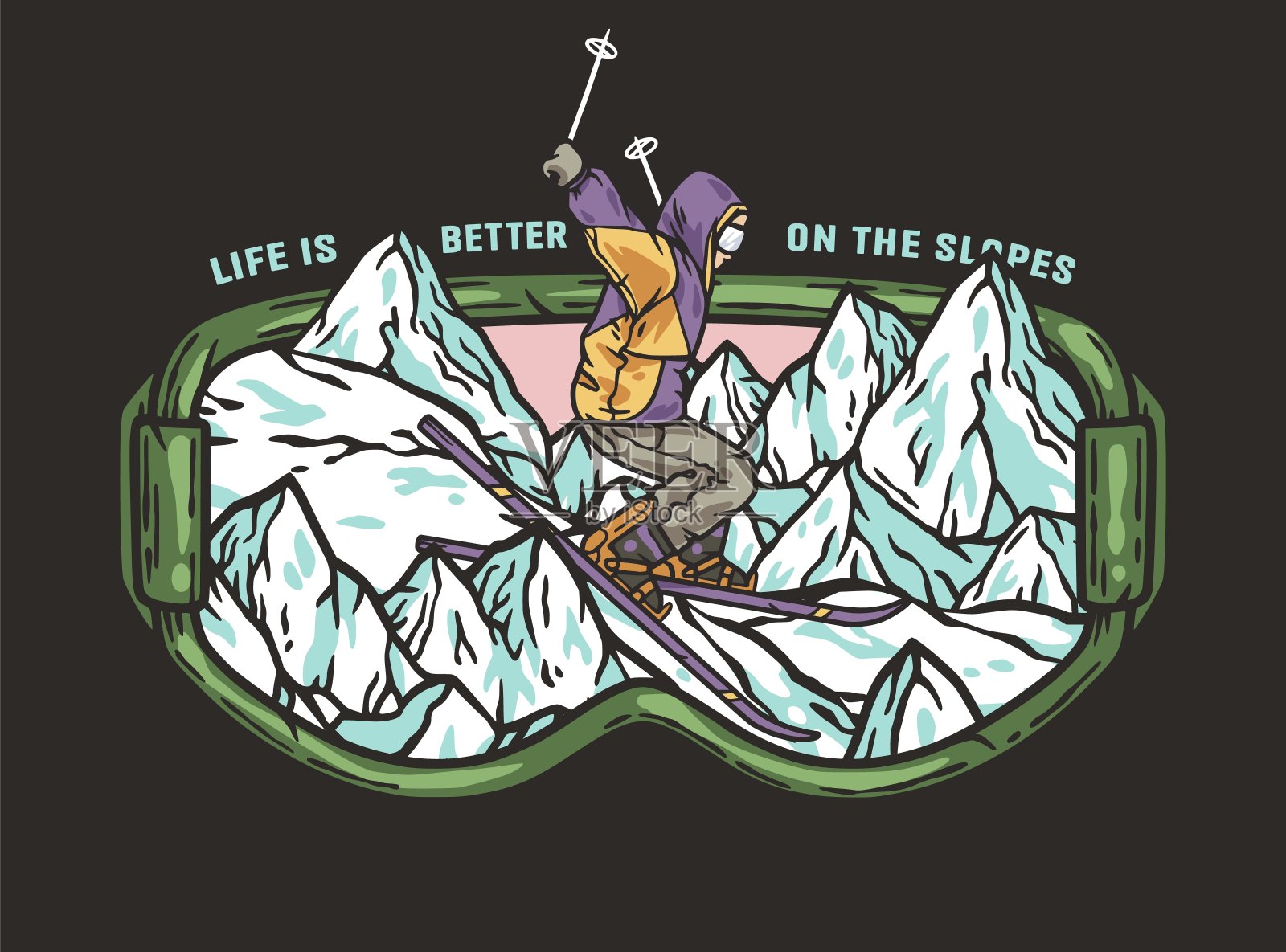 滑雪者戴着护目镜从雪山上下来。冬季极限运动。关于滑雪的可打印印刷品插画图片素材