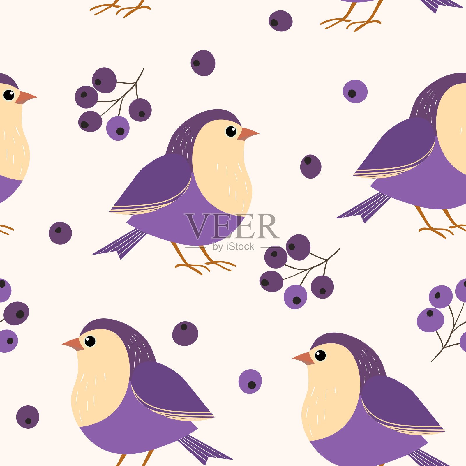 无缝的图案，有趣的彩色鸟，花，树叶和浆果。彩色平面矢量插图与小卡通鸟。可爱的人物。设计邀请函，海报，卡片，纺织品，织物设计元素图片
