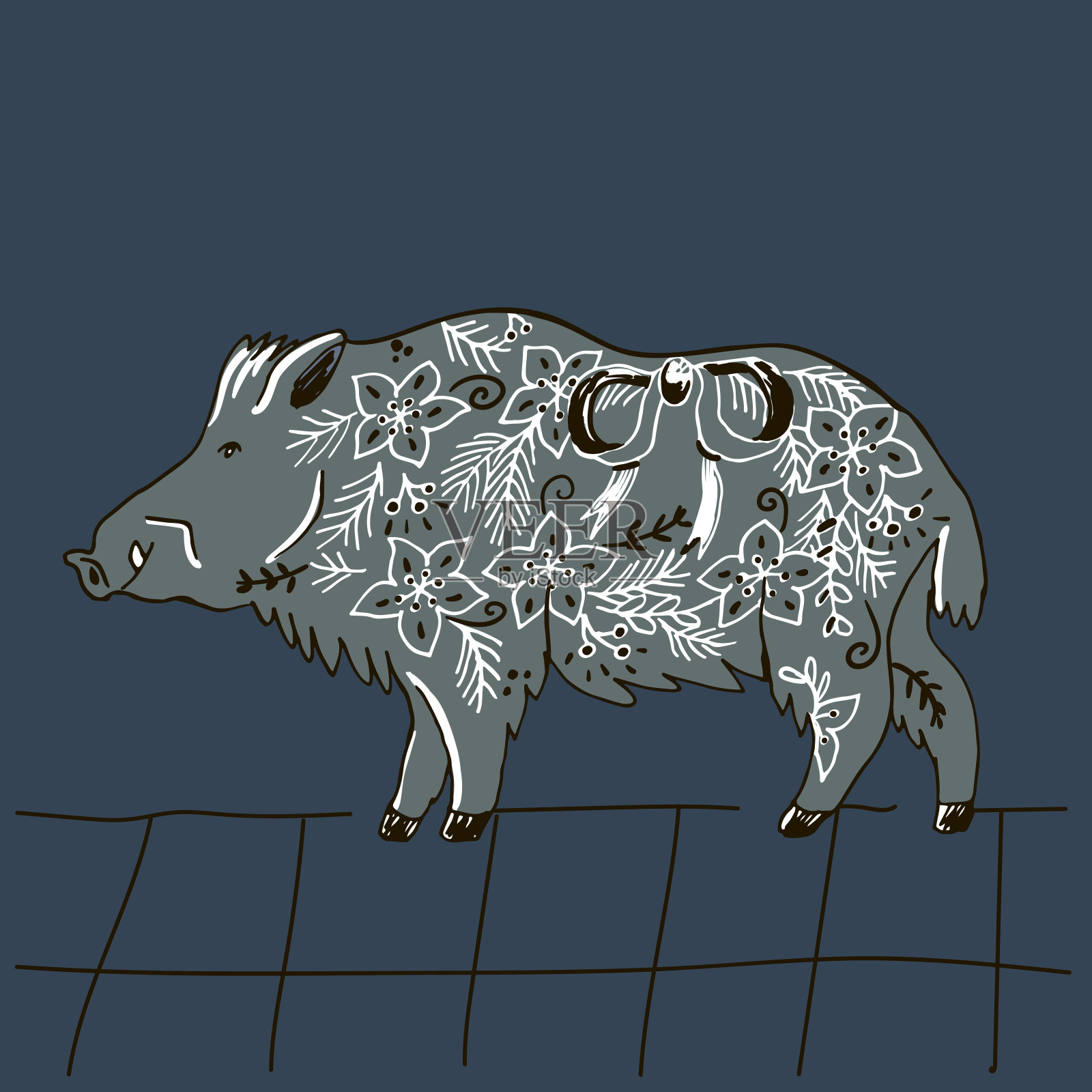 森林动物野猪矢量插图海报。插画图片素材