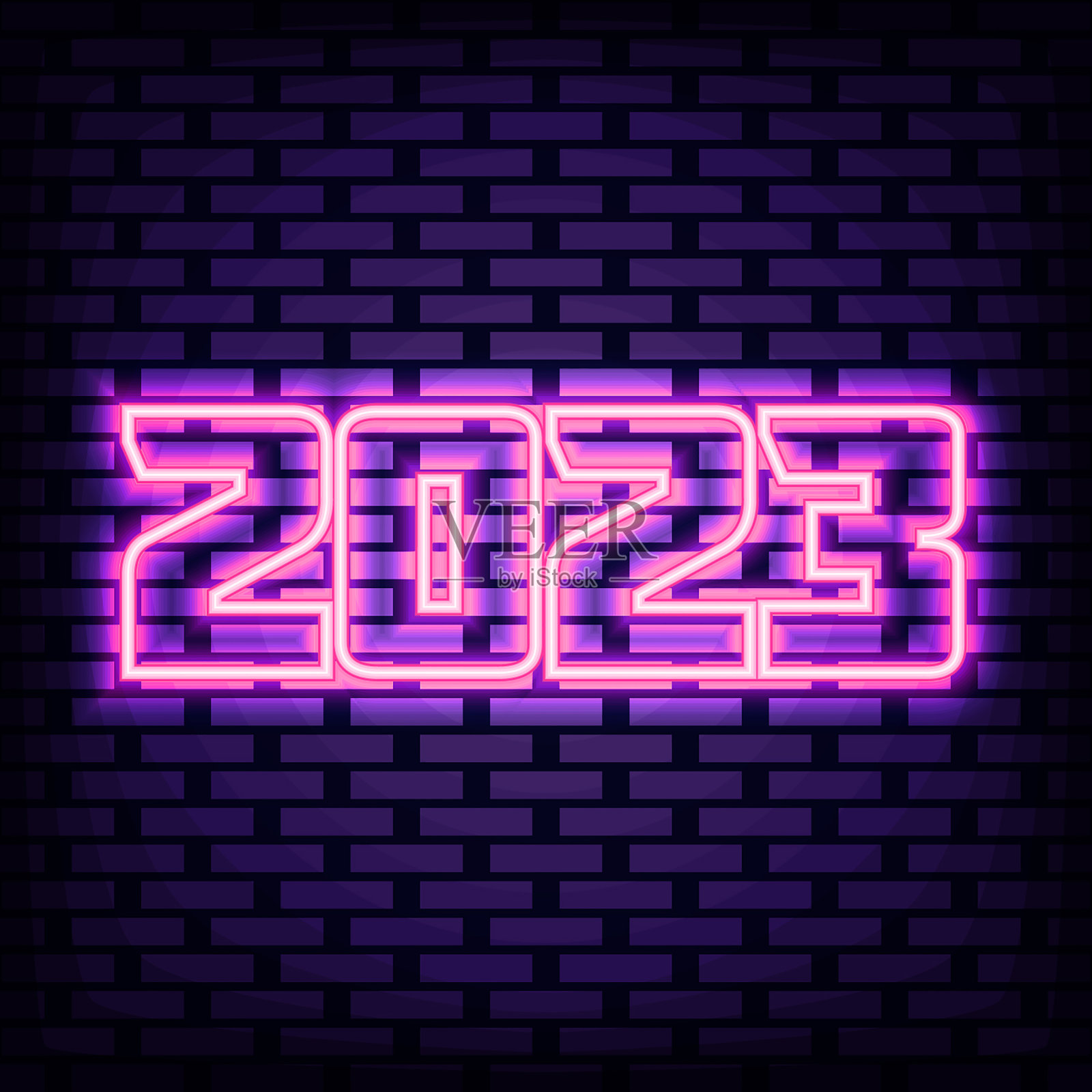 2023年新年霓虹灯招牌。砖墙背景。夜晚明亮的广告。插画图片素材