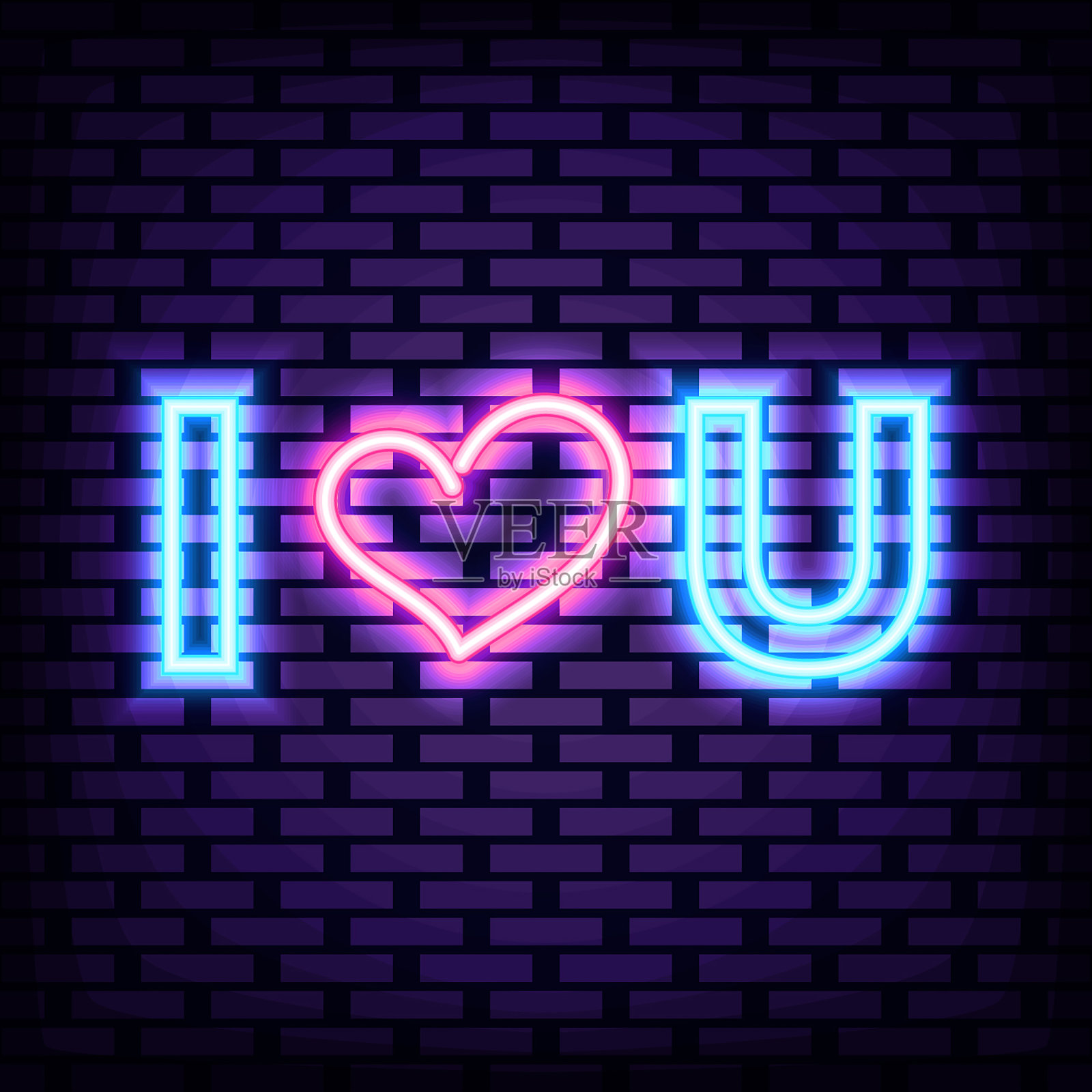 我爱你霓虹招牌。砖墙背景。晚上advensing。插画图片素材