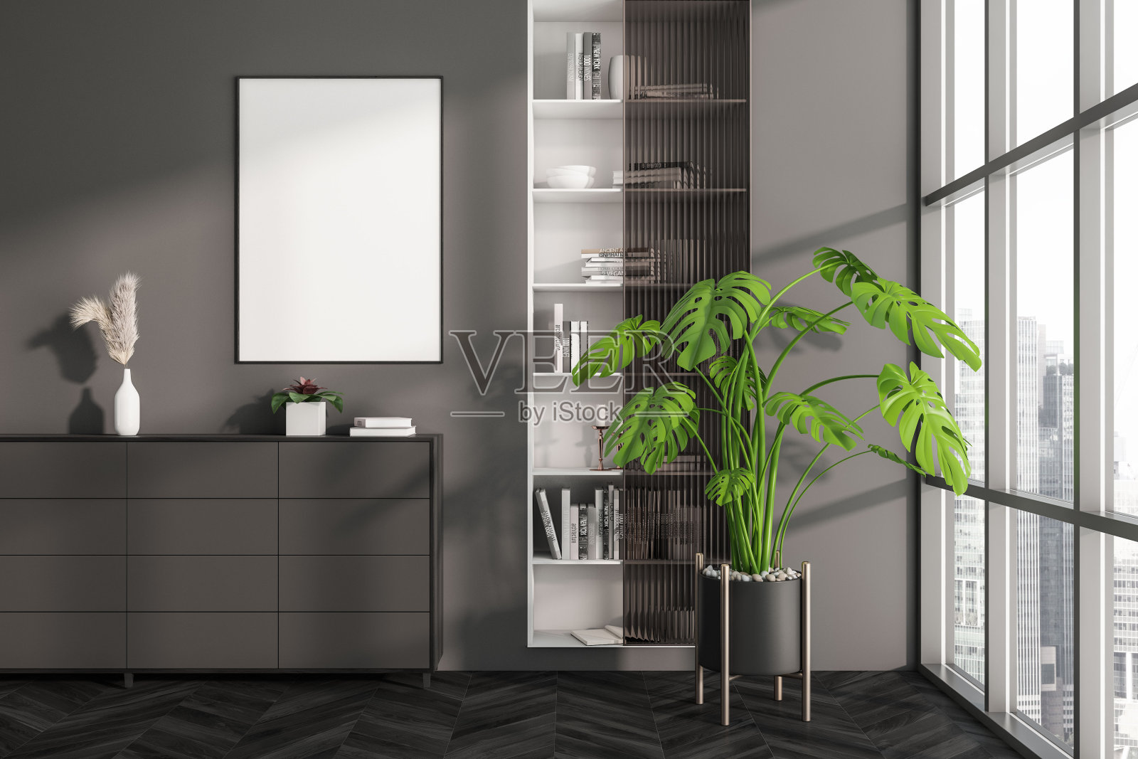 灰色的客厅内部有餐具柜和架子，窗户和模型框架照片摄影图片