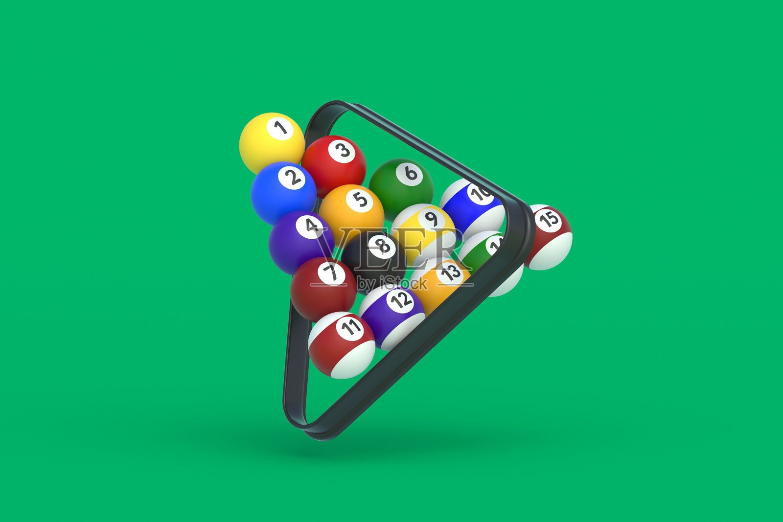 在塑料三角形中飞行的台球。三维渲染照片摄影图片