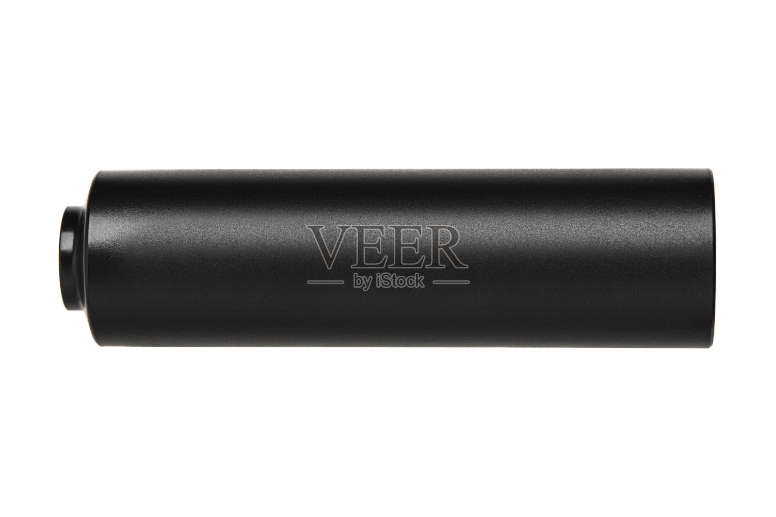 武器用黑色消音器。冲锋枪末端的消音器。在白色背景上隔离。照片摄影图片
