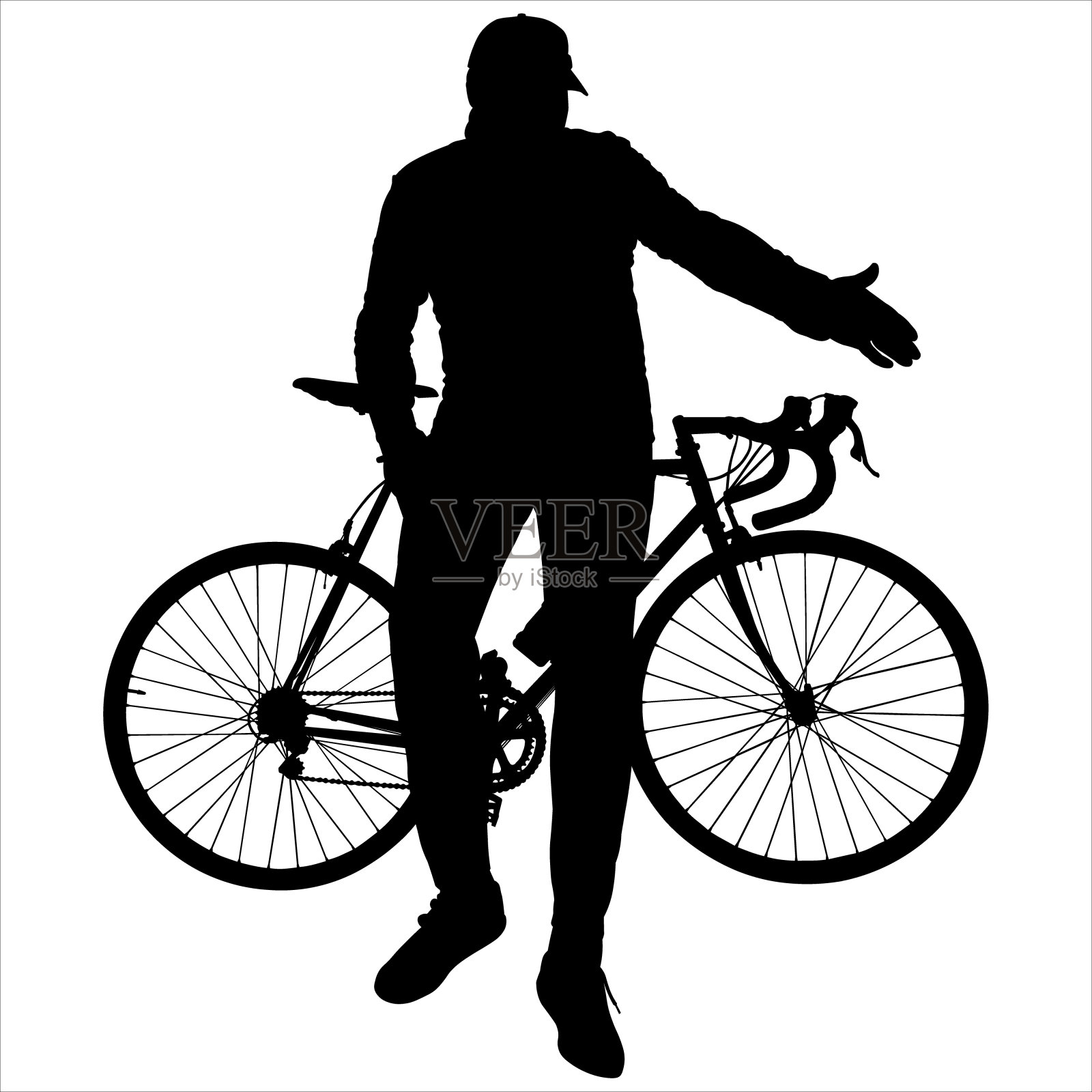 一个头上戴着帽子的男人坐在自行车的车架上。靠近自行车的骑自行车的人用手指示向下的方向。前视图,概要文件。黑色男性轮廓孤立于白色之上设计元素图片