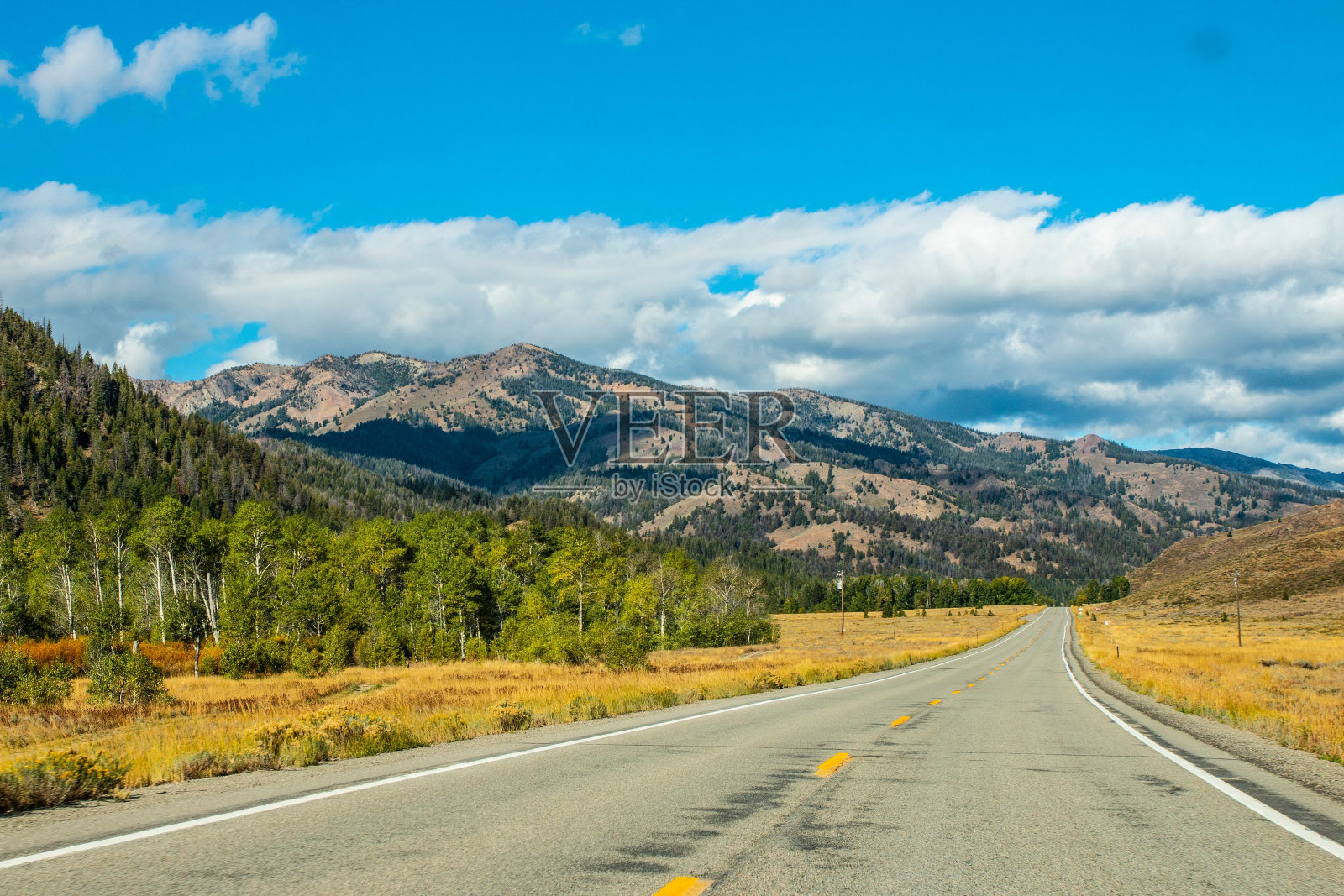 空旷的道路，背景是茂密的树木和山脉照片摄影图片