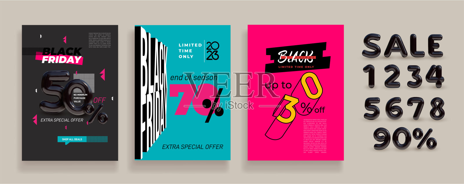 黑色星期五销售的海报或传单设计气球号码。矢量插图。文本。现代抽象设计黑色星期五印刷品牌，网站横幅，卡片，传单。插画图片素材