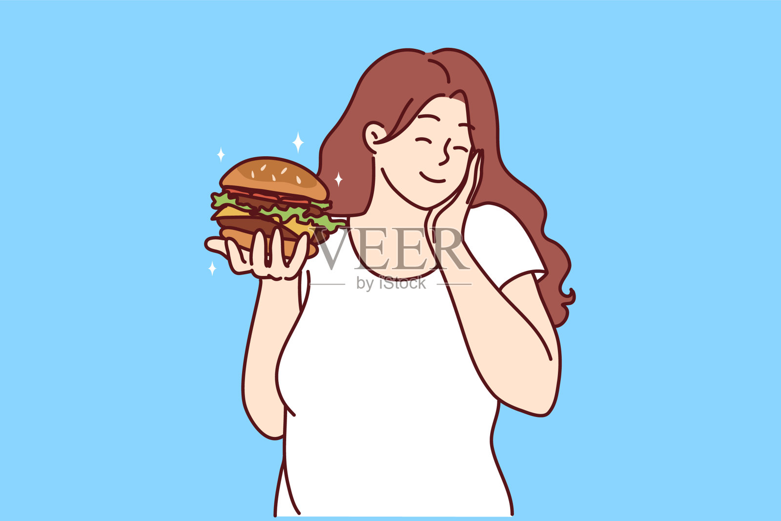 带着汉堡微笑的胖女人插画图片素材