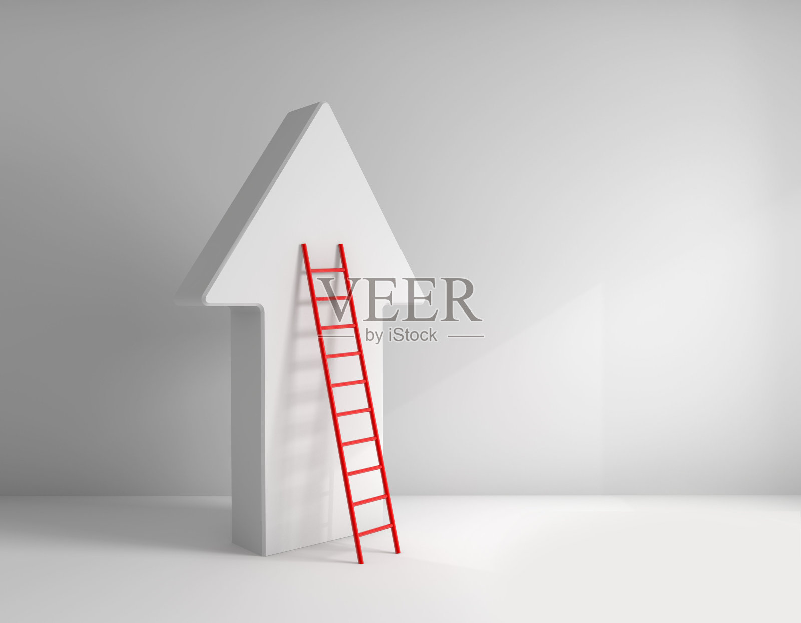一个大的白色箭头指向的3D渲染和一个红色的梯子-战略概念照片摄影图片