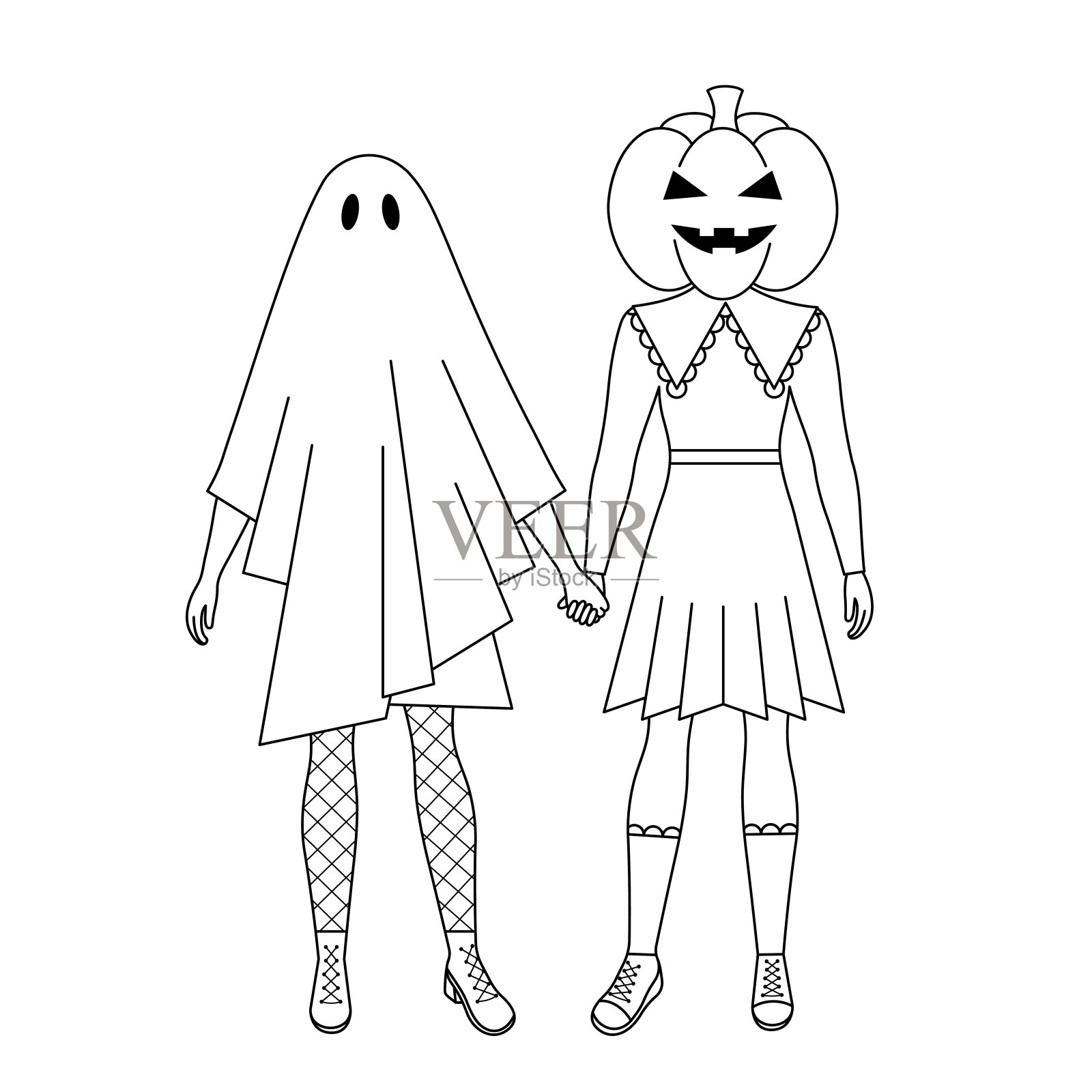 两位女朋友穿着万圣节服装。时尚的幽灵和南瓜灯服装。节日服装。手绘轮廓矢量图，白色背景隔离插画图片素材