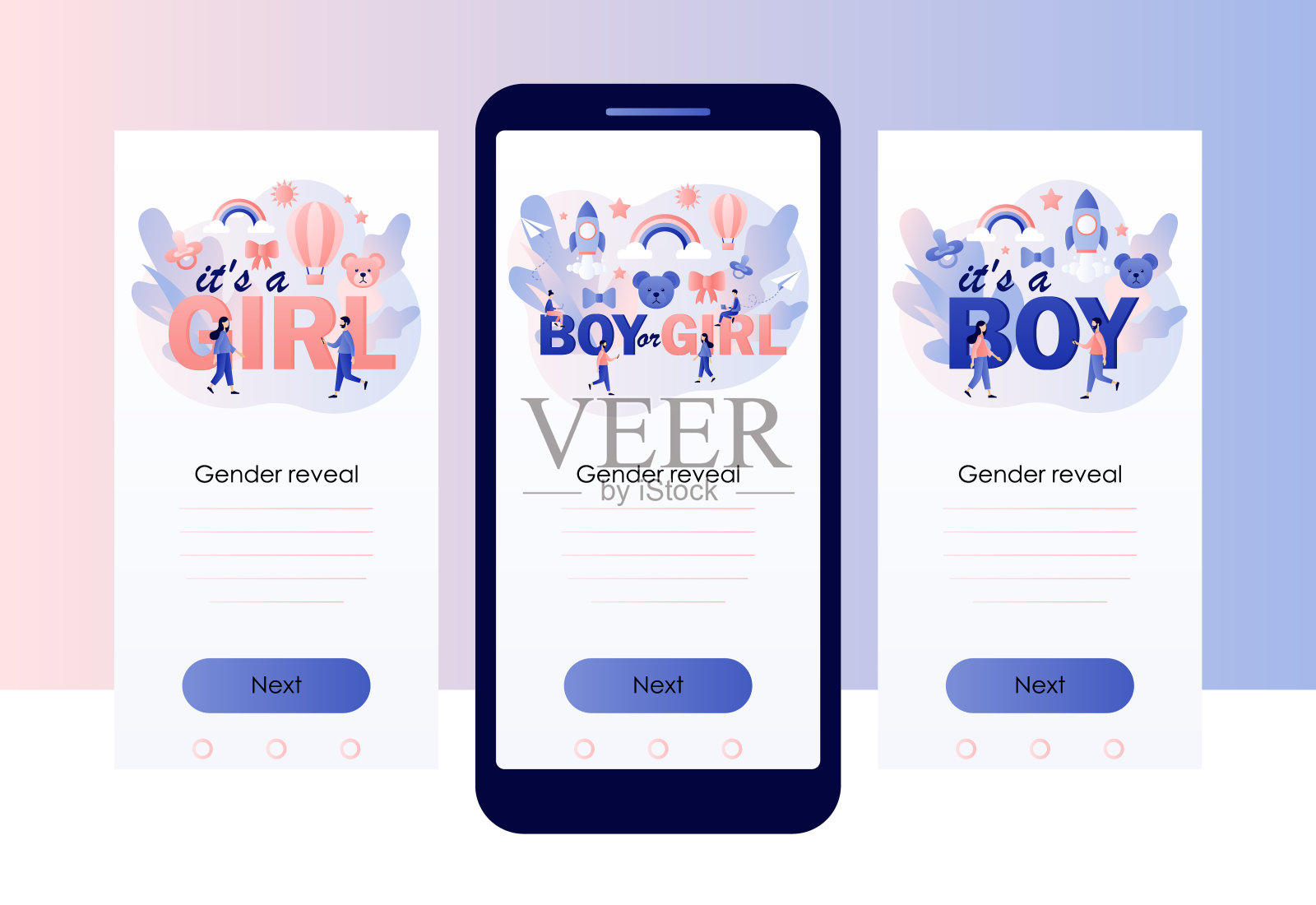 “性别揭秘”派对。宝宝派对庆祝。男孩还是女孩。屏幕模板的移动，智能手机应用程序。现代扁平卡通风格。矢量图插画图片素材