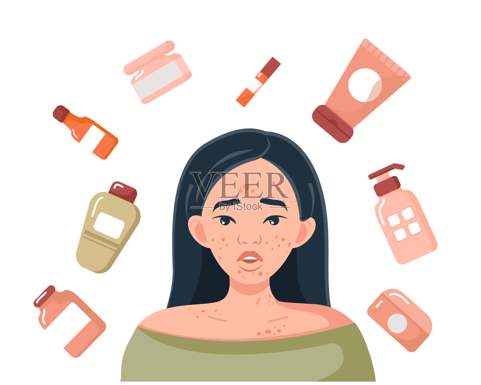 一名年轻的韩国女孩被护肤专用化妆品包围插画图片素材