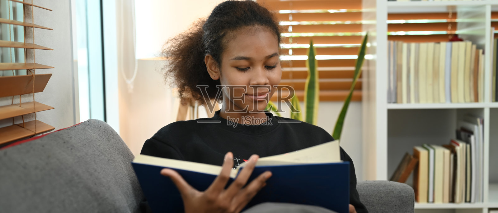 安静的年轻女子放松在沙发上看书，在舒适的冬天或秋天的周末度过闲暇时光。照片摄影图片
