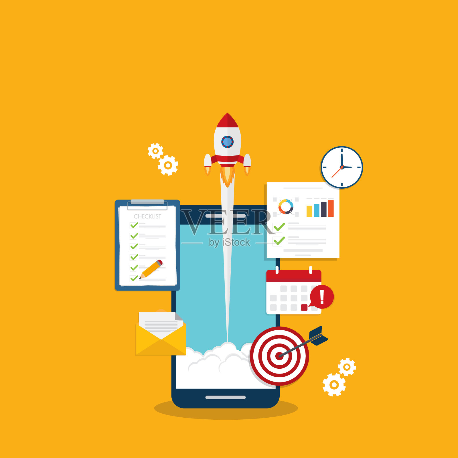 应用程序启动。创业矢量概念，平面卡通火箭或火箭飞船发射，手机或智能手机，成功创业项目的创意，助推技术，创新。插画图片素材