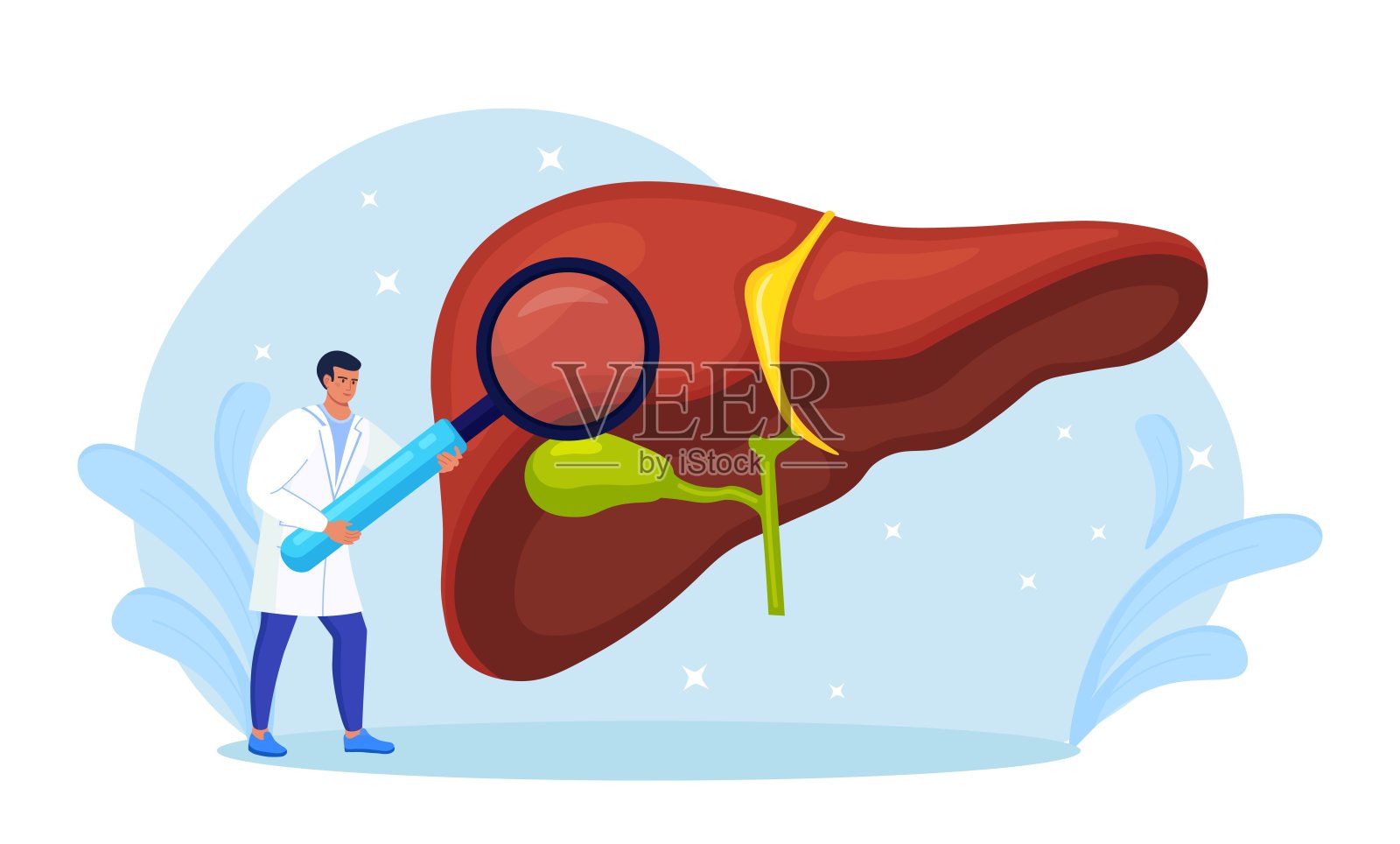 医生用放大镜检查病人肝脏。医学研究。肝病，甲、乙、丙、丁型肝炎，肝硬化，癌症插画图片素材