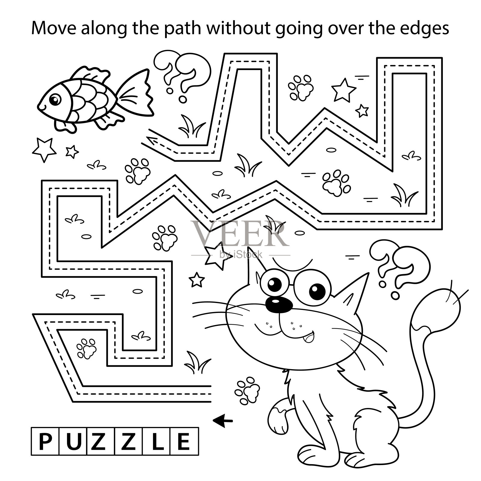 书法练习纸。简单的教育游戏或迷宫。着色页大纲的卡通猫与鱼。儿童填色书。插画图片素材