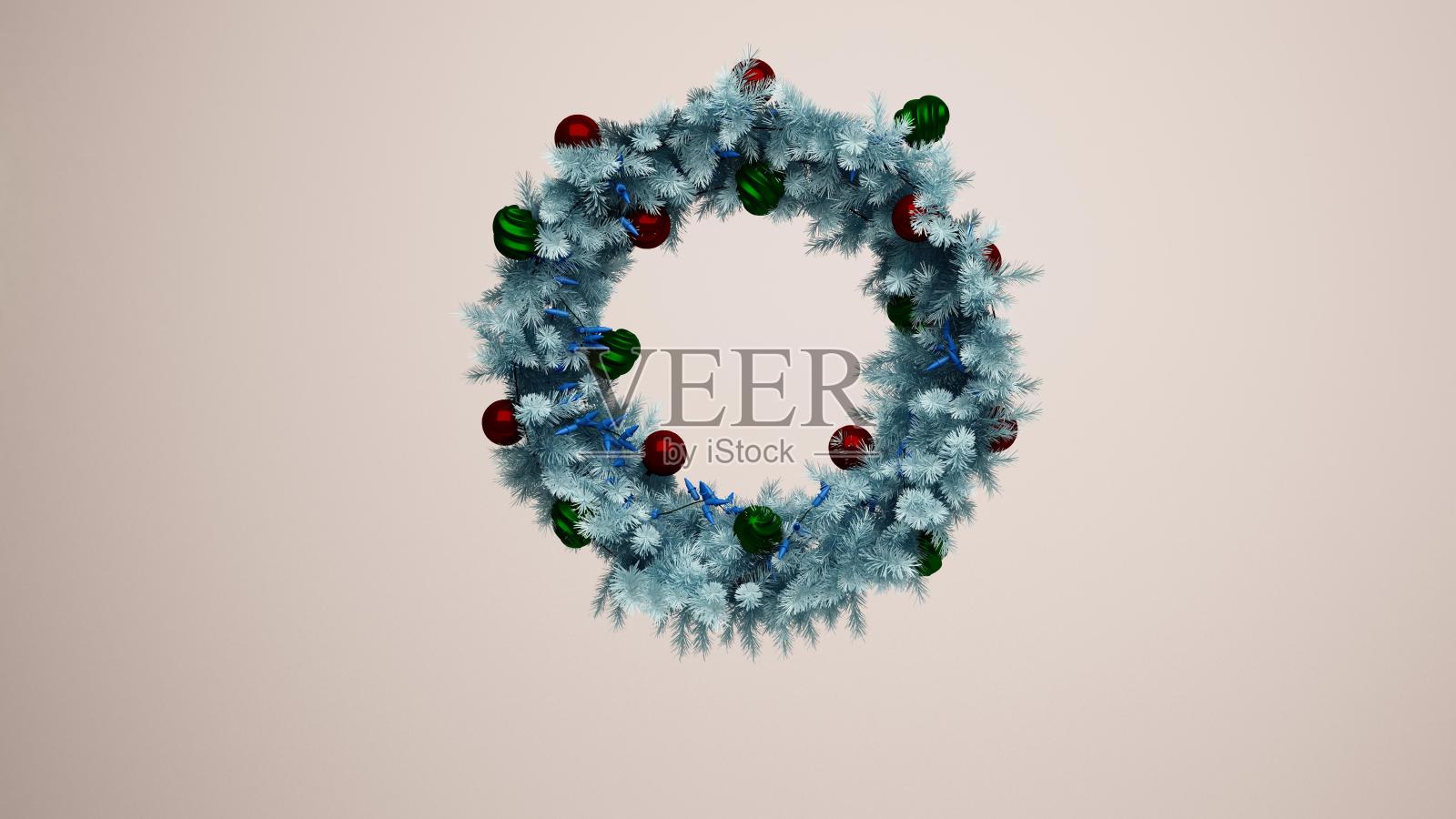 圣诞蓝色花环与灯和圣诞装饰在白色背景照片摄影图片