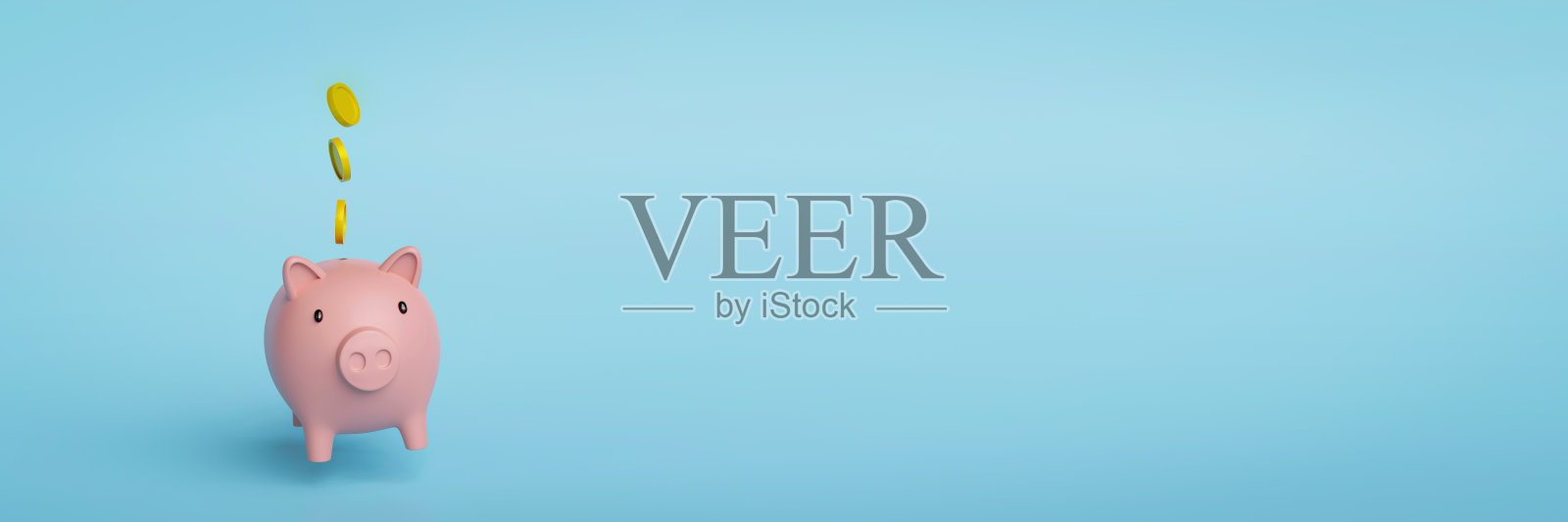 蓝色背景的粉红色储蓄罐上浮动的硬币横幅。照片摄影图片