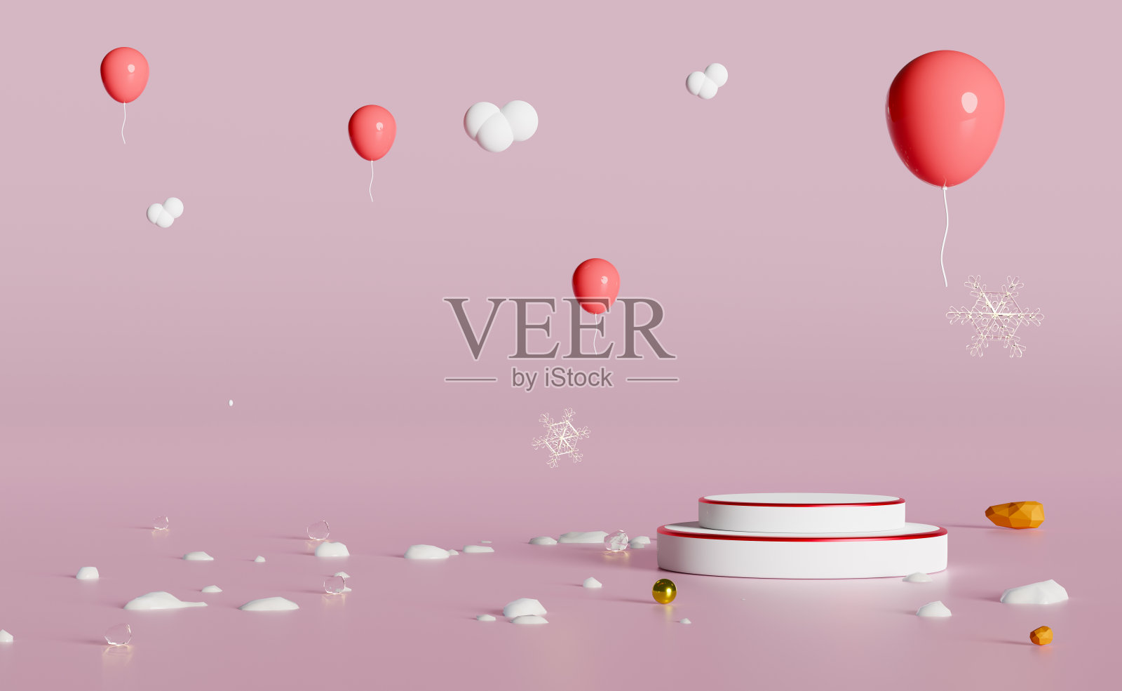 白色的讲台空气球和雪花在粉红色的背景为现代舞台展示和极简主义的模型，概念圣诞节和节日新年，3d插图或3d渲染照片摄影图片