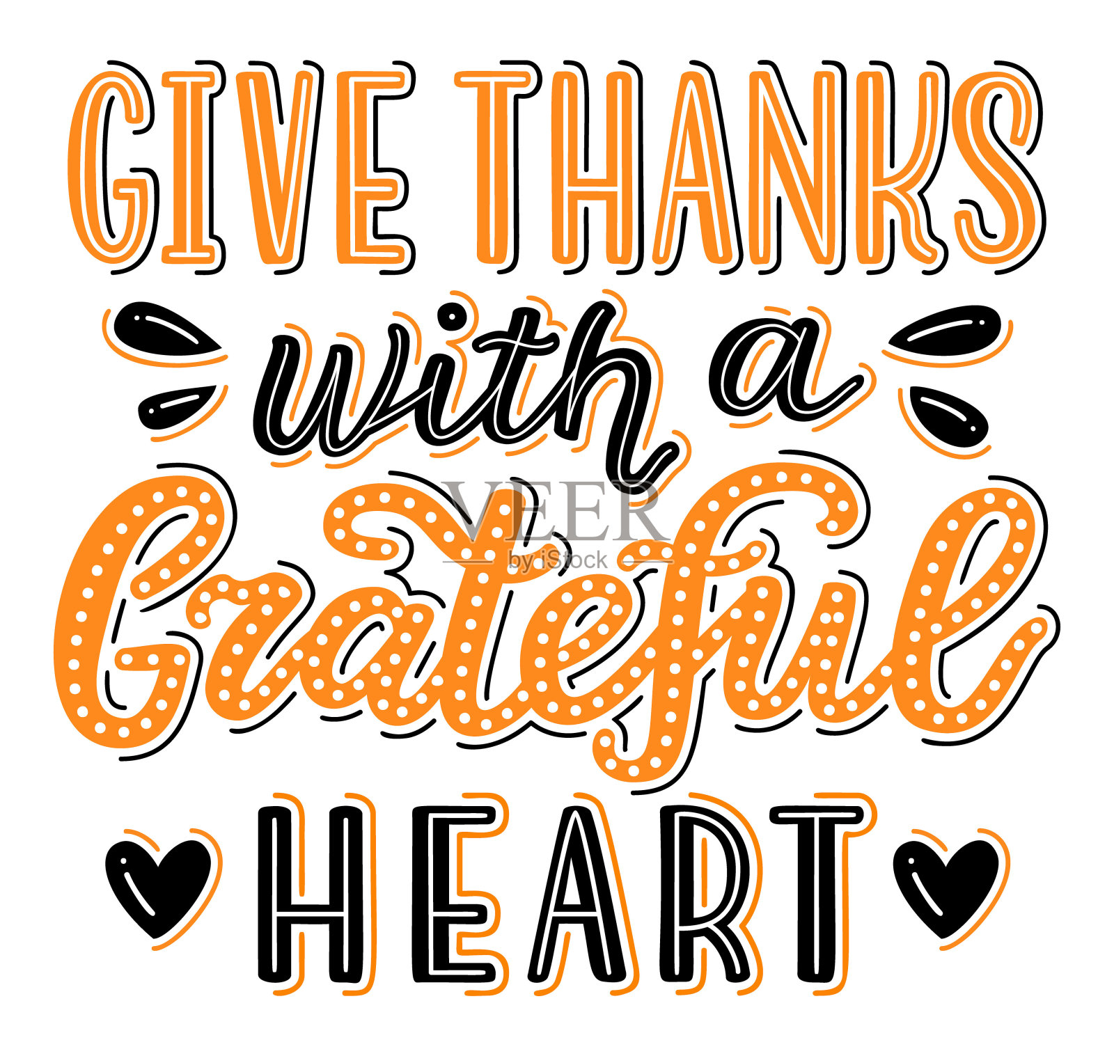 用一颗感恩的心感恩，手绘刻字标语海报。EPS 10矢量插图。插画图片素材