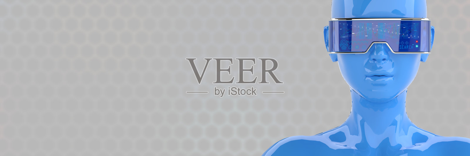 蓝色女性半机械人，戴着灰色图案的医用护目镜照片摄影图片