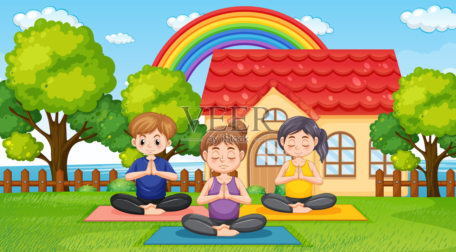 人们在公园里做瑜伽插画图片素材