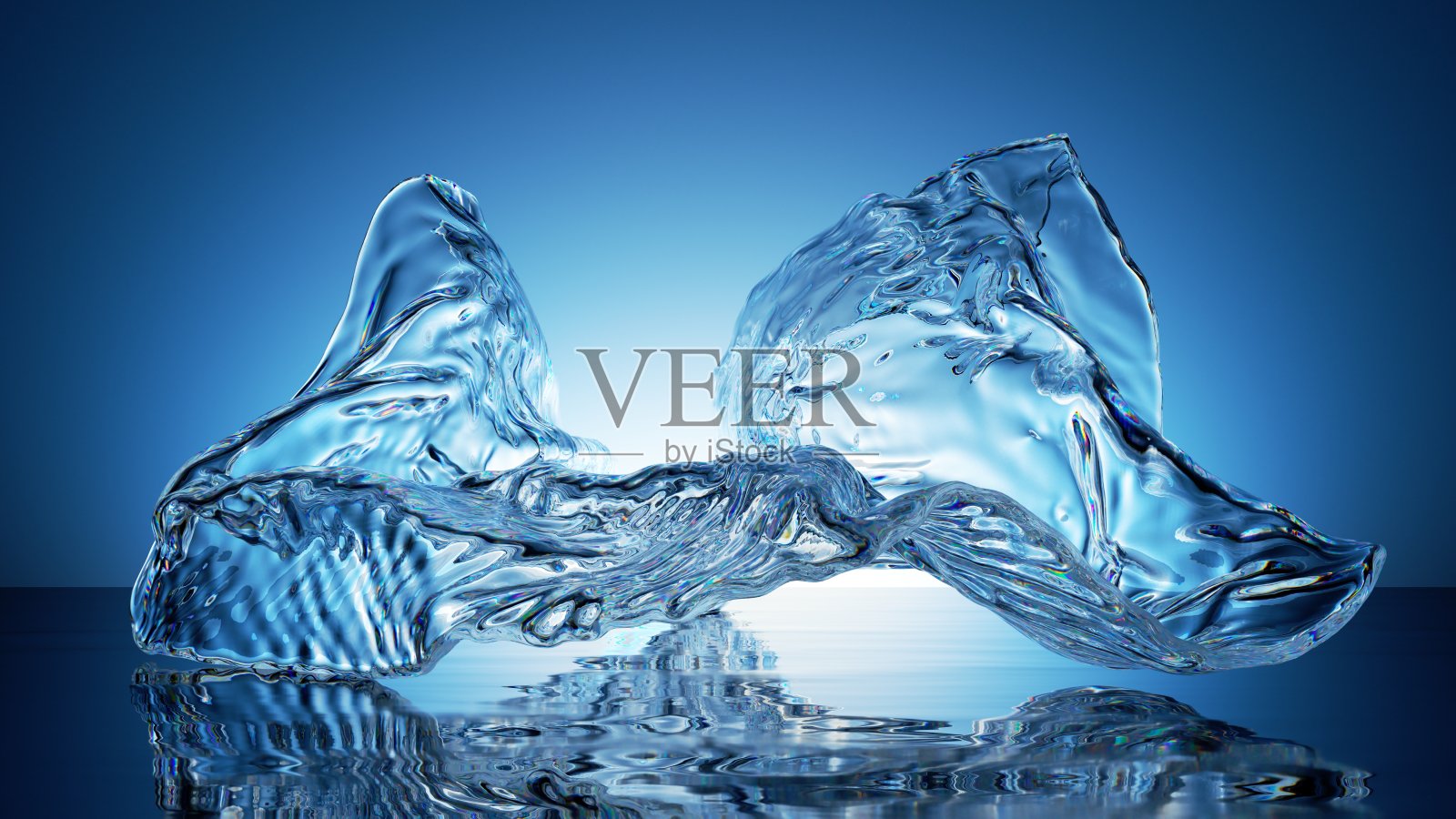 3d渲染，抽象的背景与半透明的玻璃形状和反射在水面上。简单的现代极简主义墙纸与冰冻液体照片摄影图片