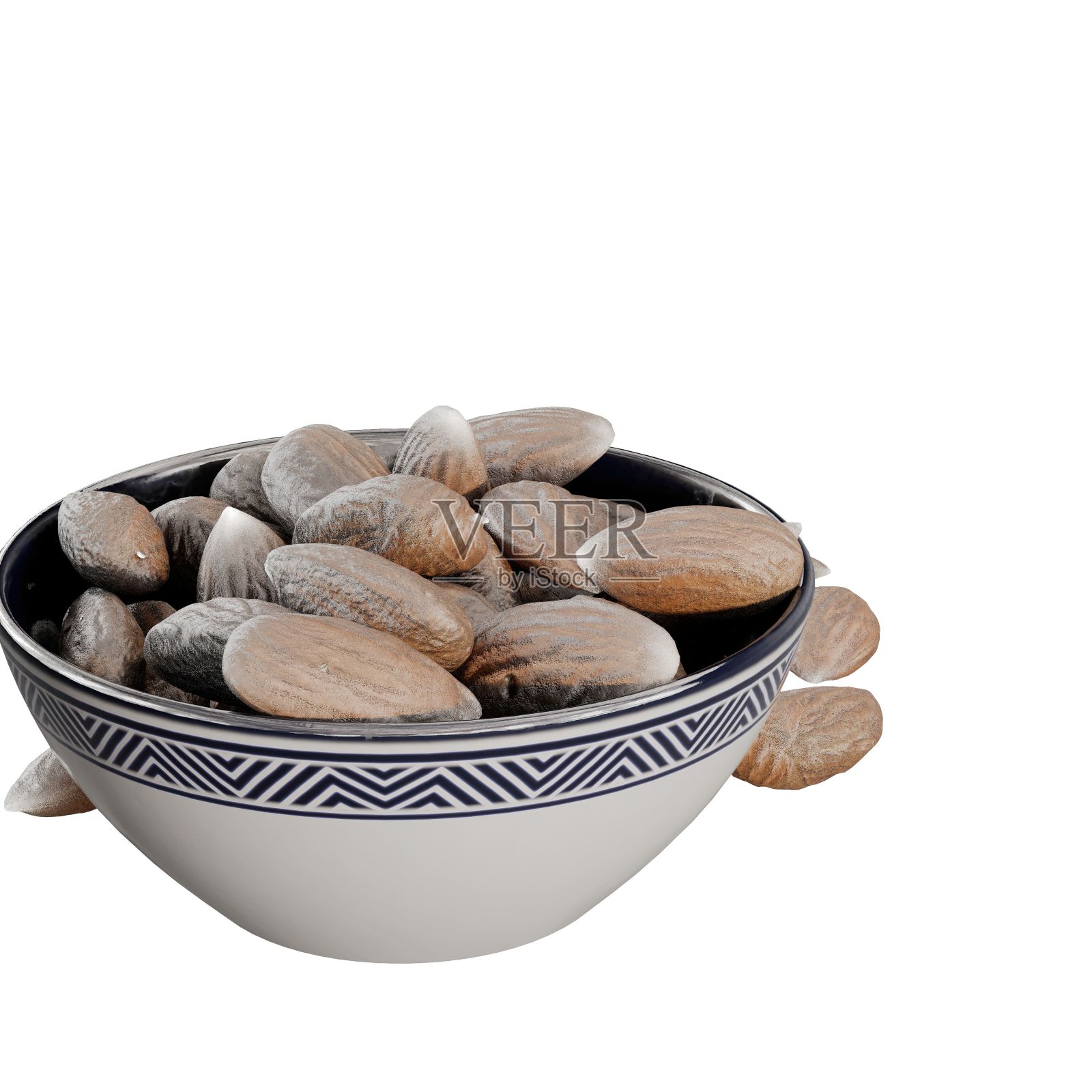 3D渲染杏仁在一个玻璃碗孤立的白色背景照片摄影图片