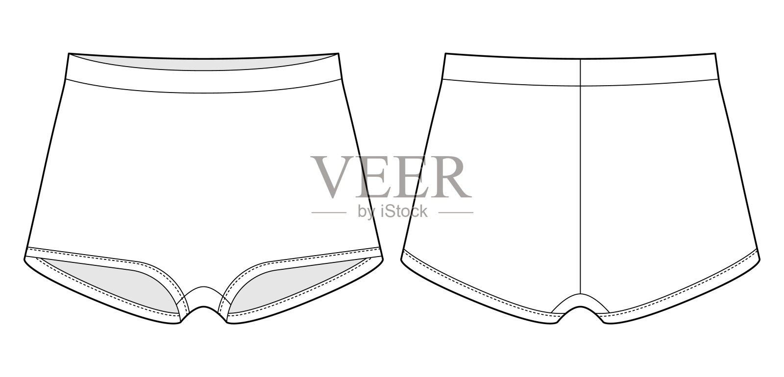 空白女生短裤技术草图。女士内衣。女性的白色内裤。女性休闲内裤隔离模板插画图片素材