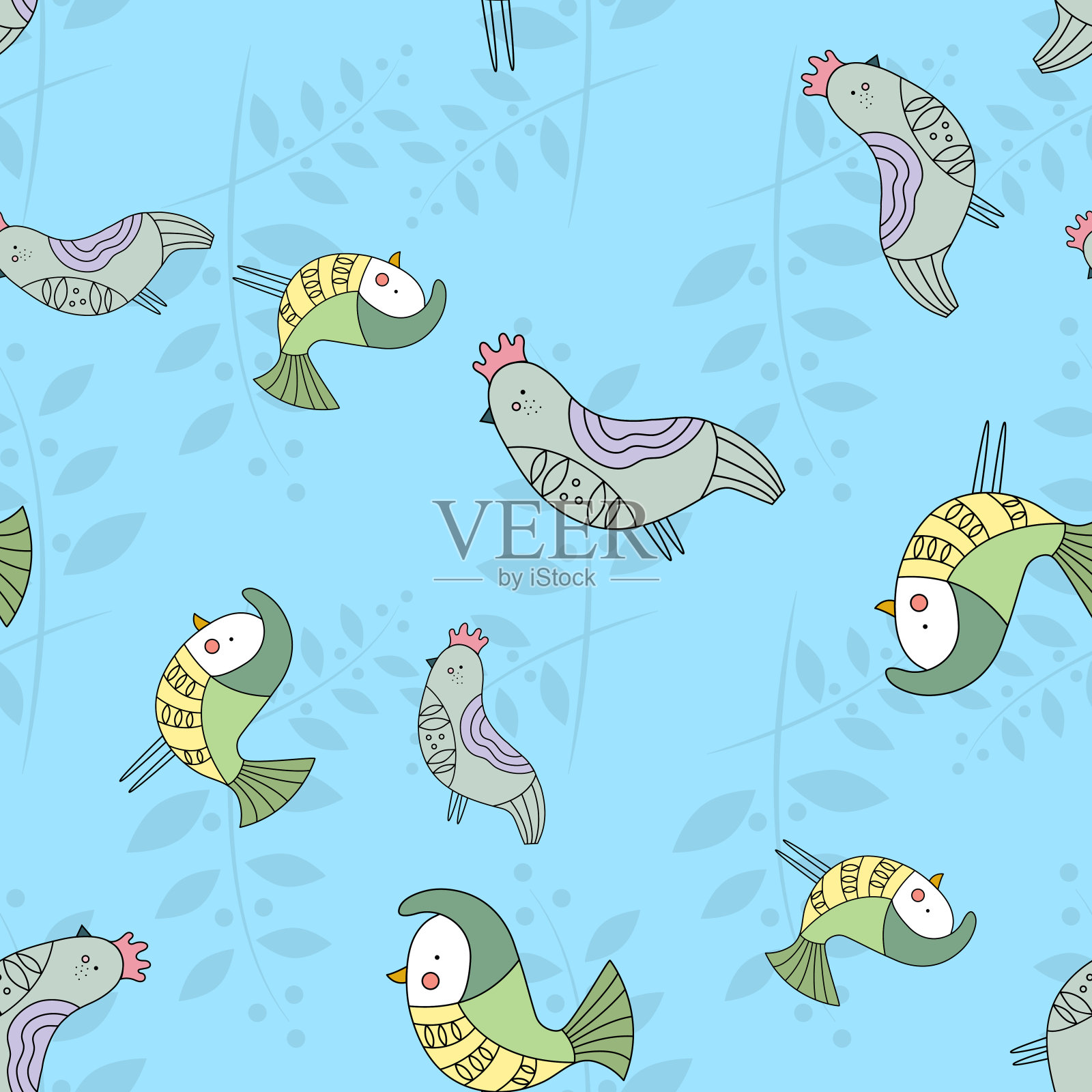 彩色美丽的鸟无缝图案纺织墙纸和背景。插画图片素材