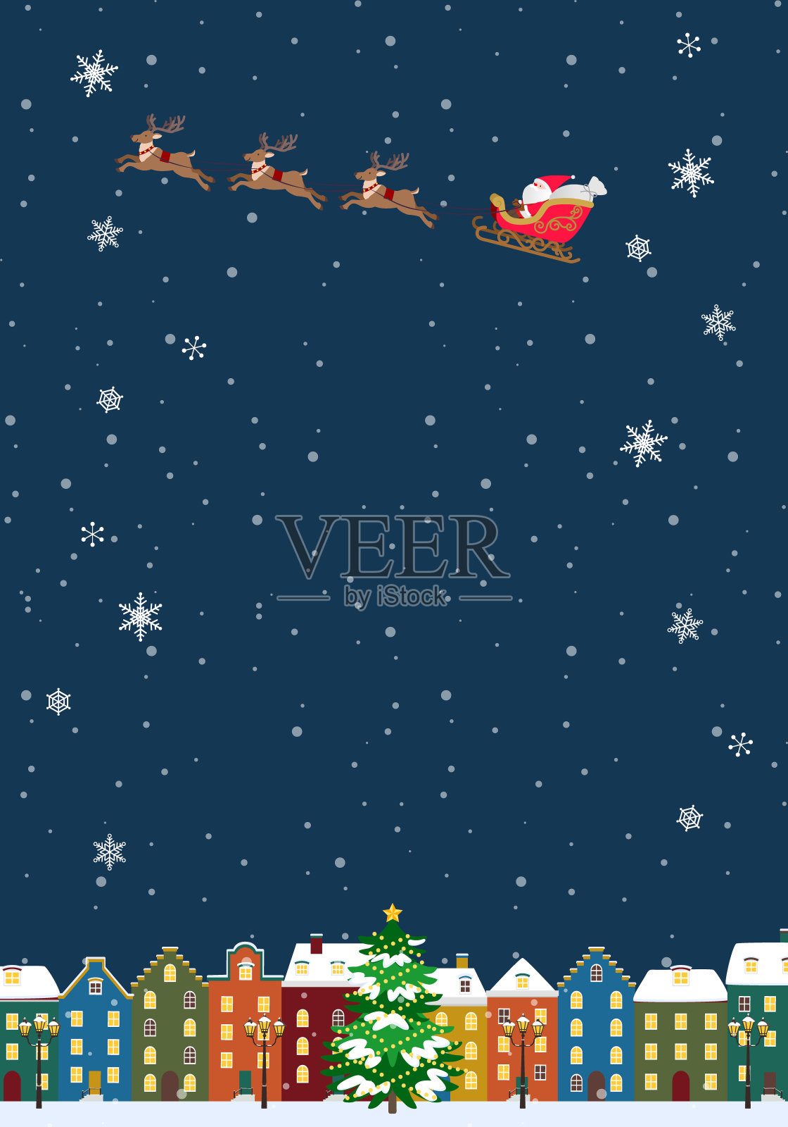 圣诞背景剪辑艺术圣诞老人的雪橇上的欧洲城市风景插画图片素材