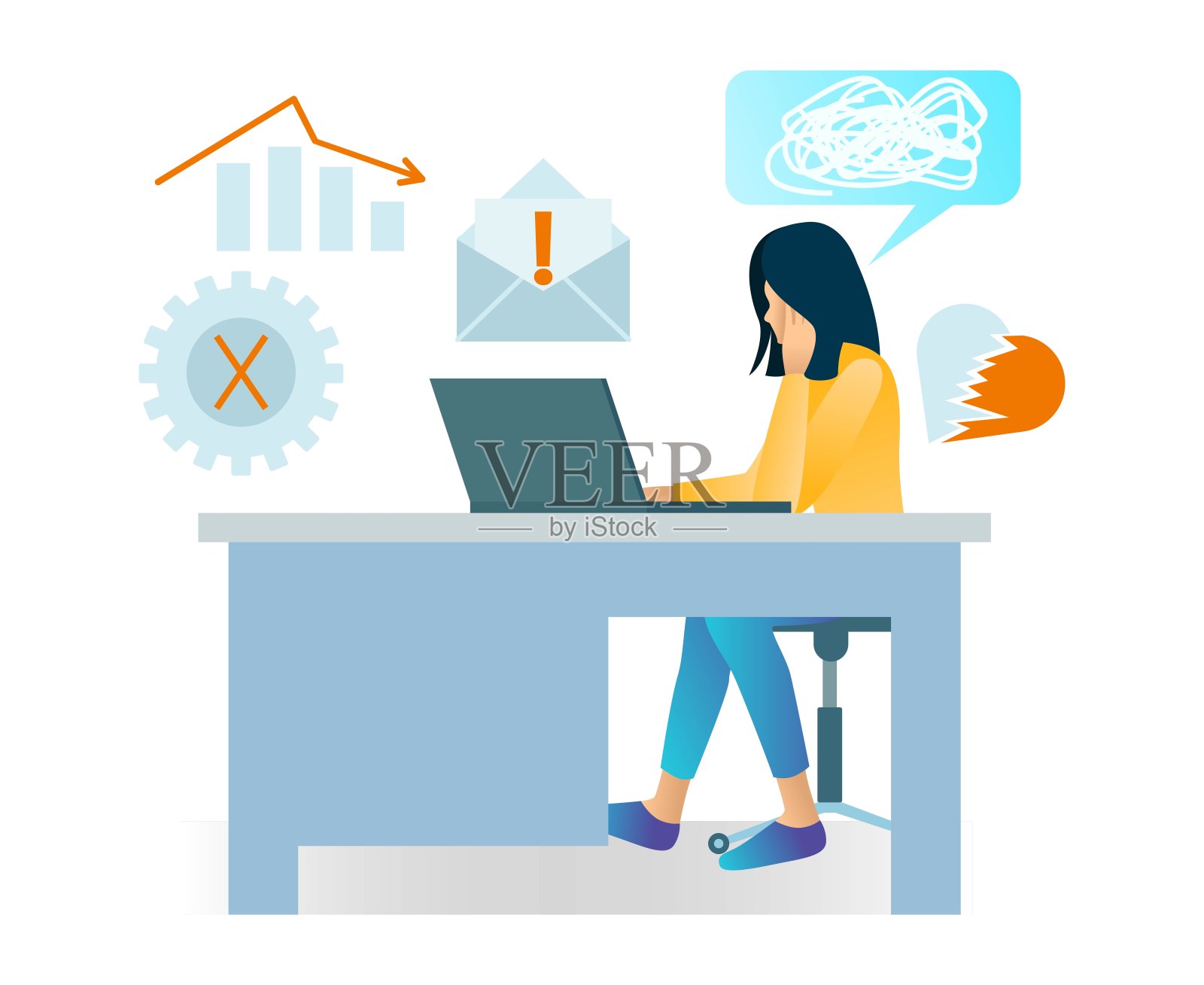 看到不成功业务增长的悲伤女人插画，适用于着陆页、宣传单、信息图表和其他图形相关素材-矢量插画图片素材