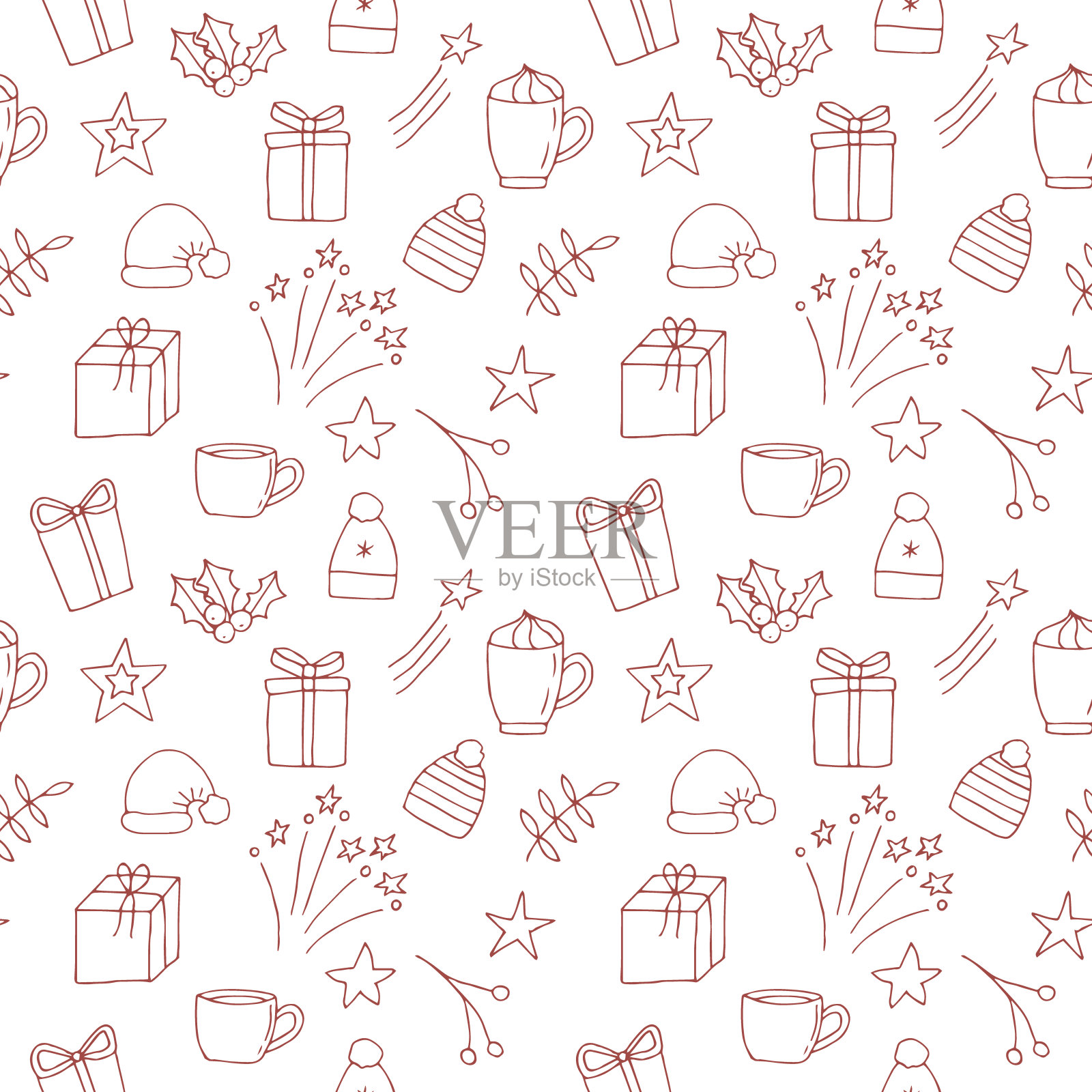无缝图案的礼品盒，树枝，锥和汉斯矢量插图，手绘插画图片素材