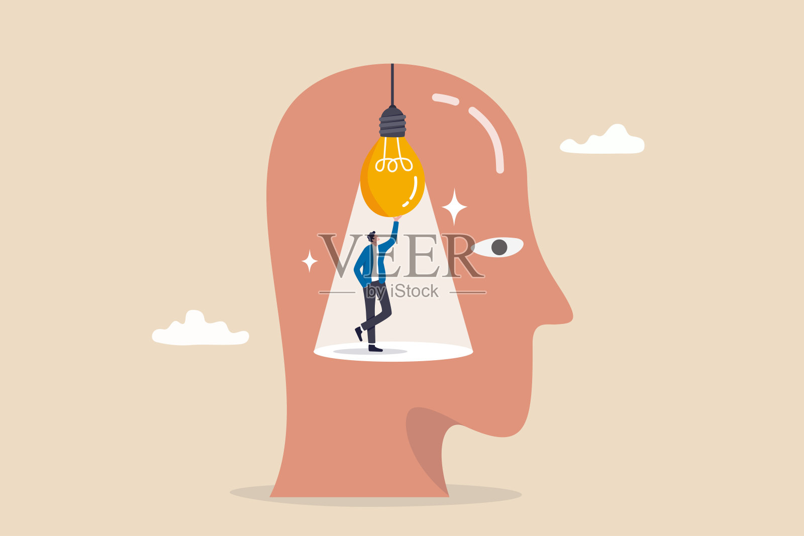 智力思维，天才大脑中的智慧或直觉，创造性思维或情商，聪明思维或心理学概念，聪明人打开他天才头脑中的灯泡想法。插画图片素材