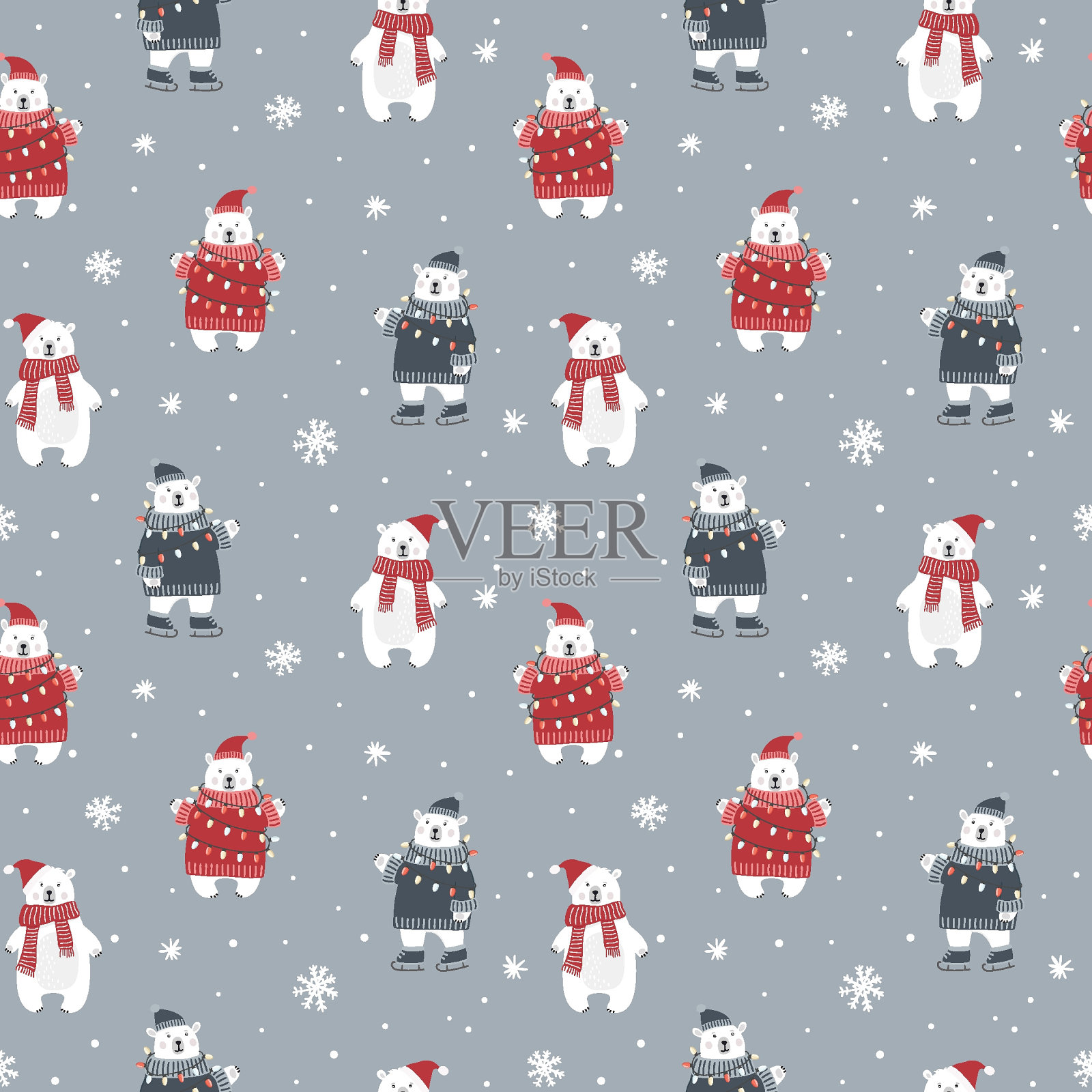 圣诞无缝图案与北极熊和雪花。平的风格。插画图片素材