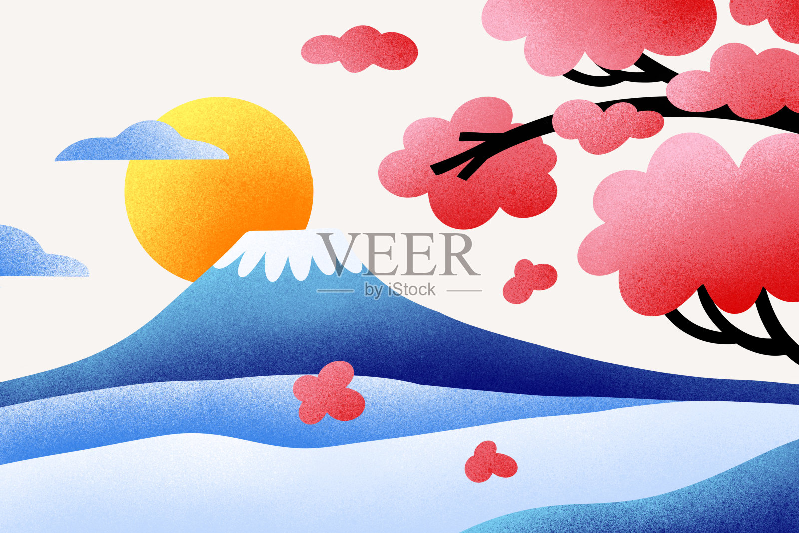 美丽的富士山和樱花景观插图在谷物和垃圾质感风格的背景设计插画图片素材