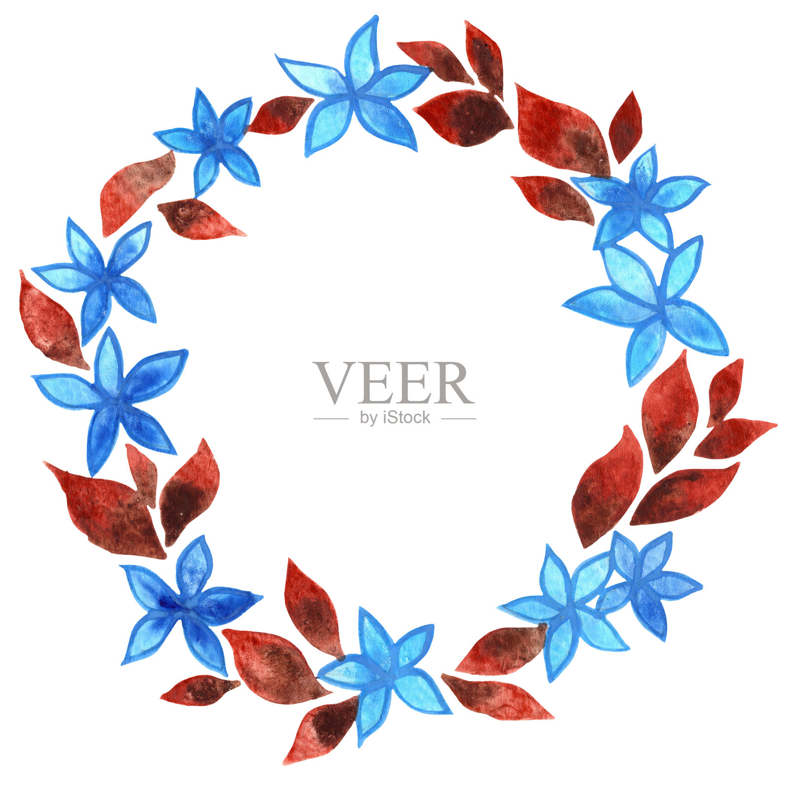 蓝花红棕叶花环水彩画装饰婚礼和秋季季节。设计元素图片