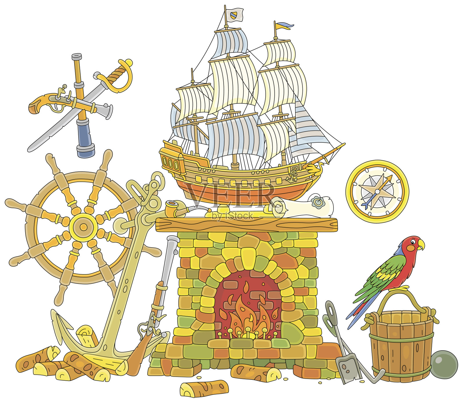 一个老壁炉的海狗和一个帆船模型插画图片素材